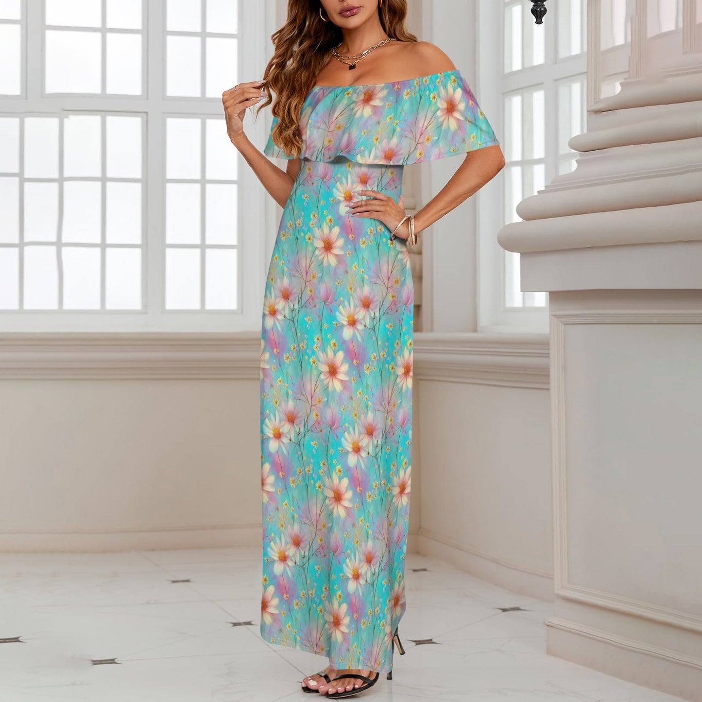 Green Floral Women's Off Shoulder Ruffle Boat Neck Dress (Model D71)