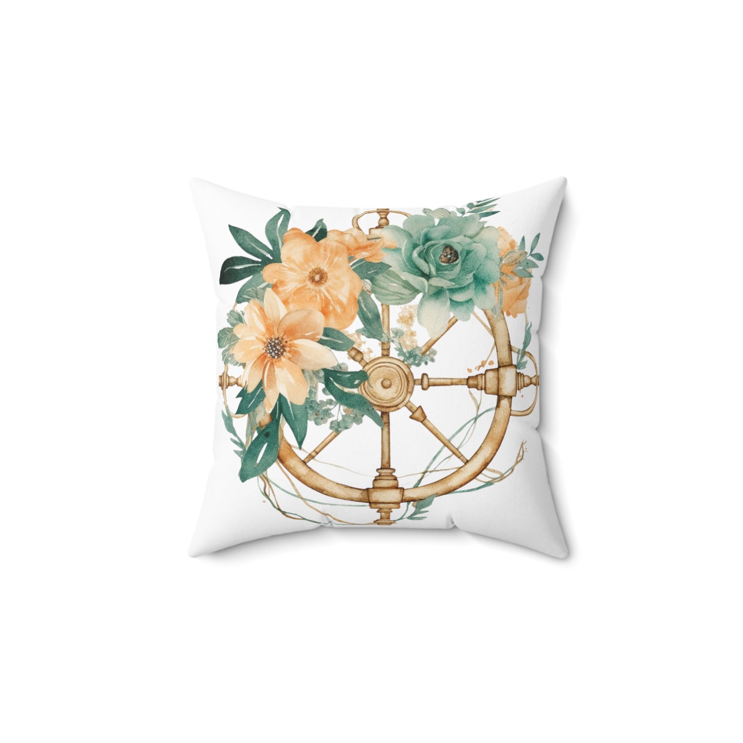 Nautical Polyester Square Cushion, Nautical cushion, Floral Ships Wheel