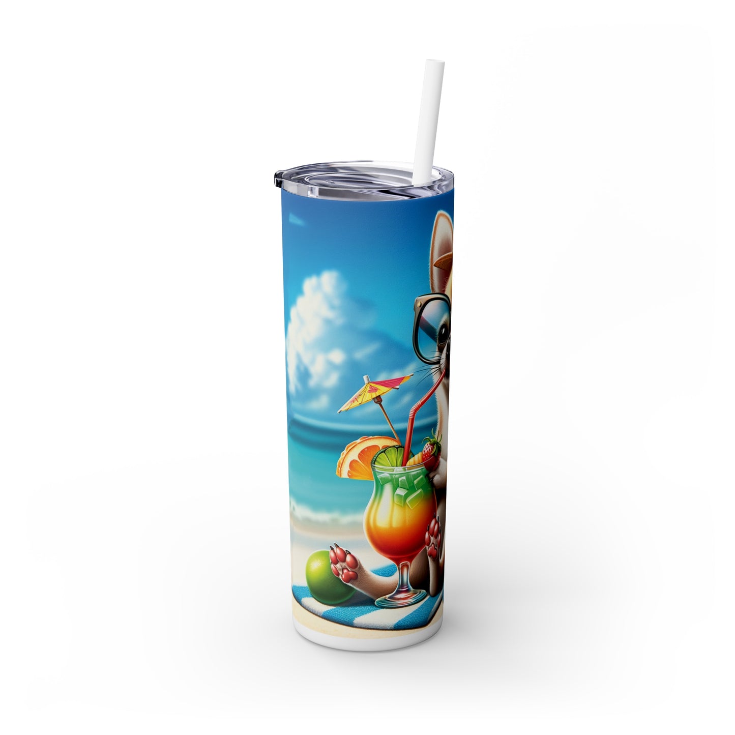 Skinny Tumbler with Straw, 20oz, Dog on Beach, Chihuahua, awd-1205