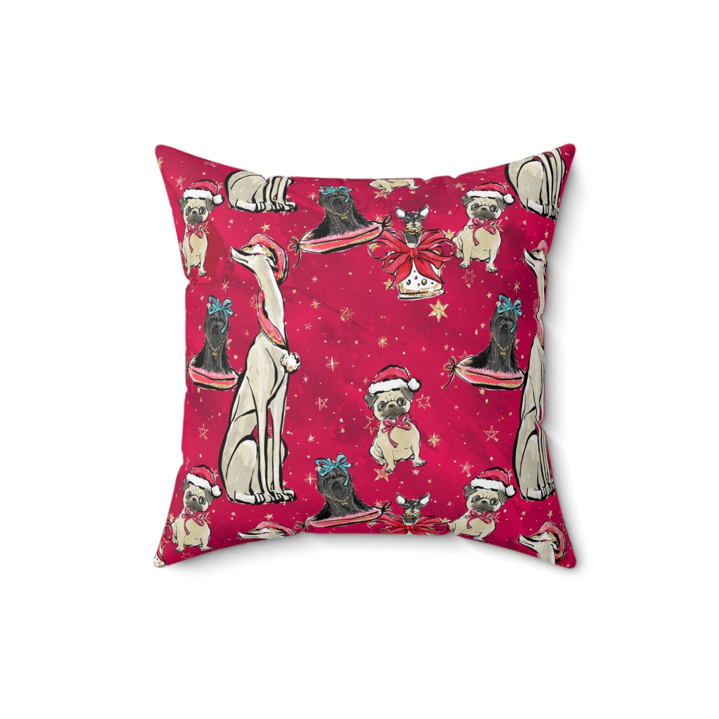 Spun Polyester Square Pillow, Red Doggie Blended Dog Family Christmas Cushion