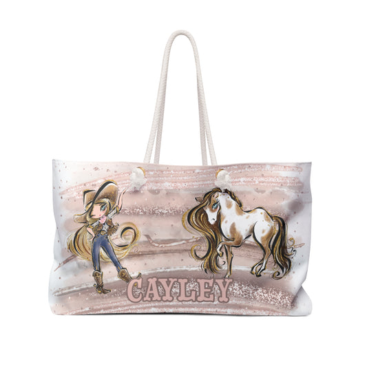 Personalised Weekender Bag, Cowgirl and Horse, Blonde Hair, Blue Eyes, Cayley