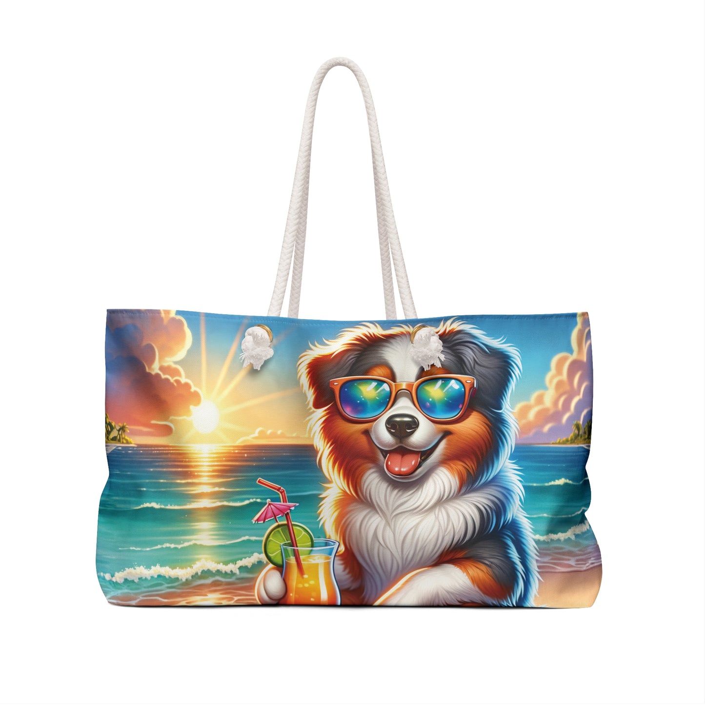 Personalised/Non-Personalised Weekender Bag, Summer Beach Dog, Australian Shepard, Large Weekender Bag, Beach Bag, Book Bag