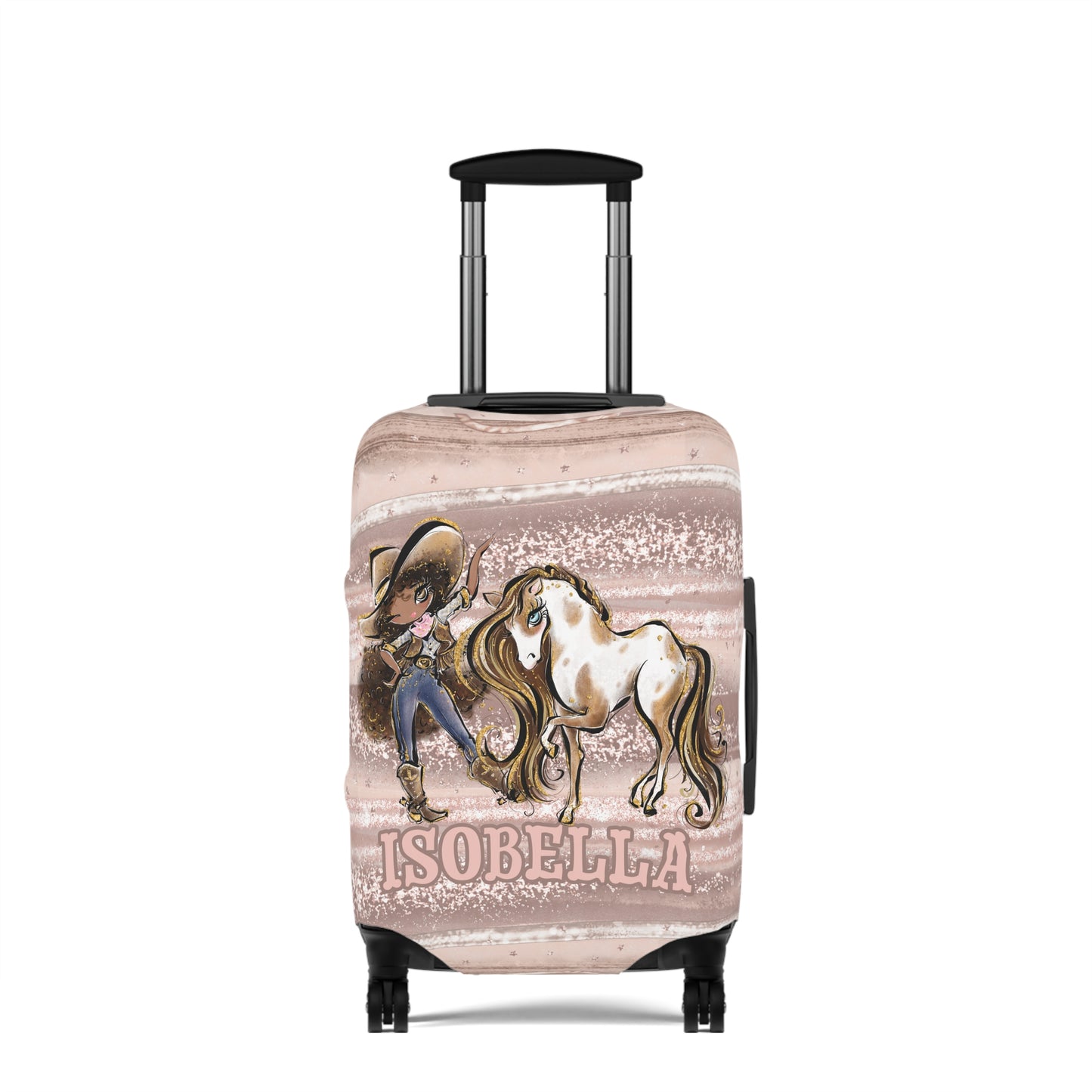 Luggage Cover, Howdy Cowgirl and Horse, Brunette Curly Hair Olive Skin Brown Eyes