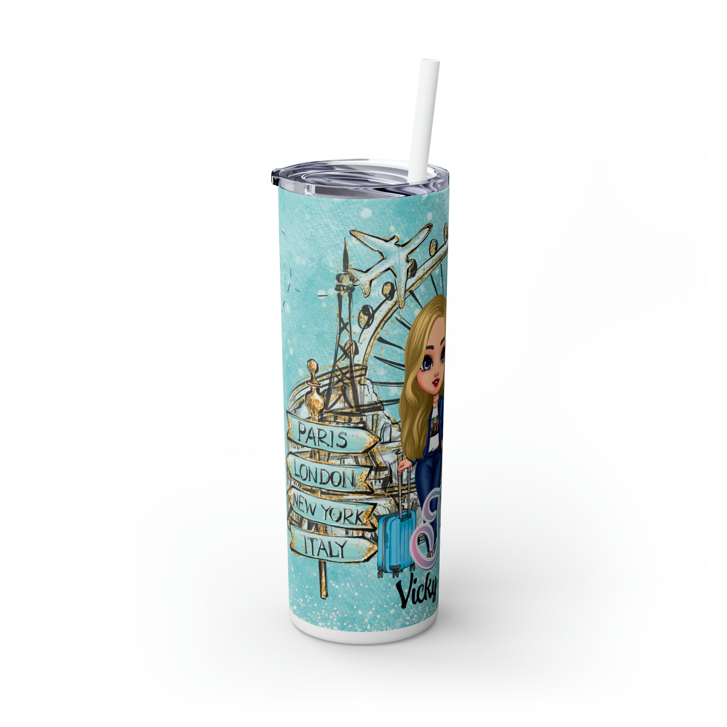 Skinny Tumbler with Straw, 20oz, Personalized, Just A Girl Who Loves Travelling, Light Blonde Hair