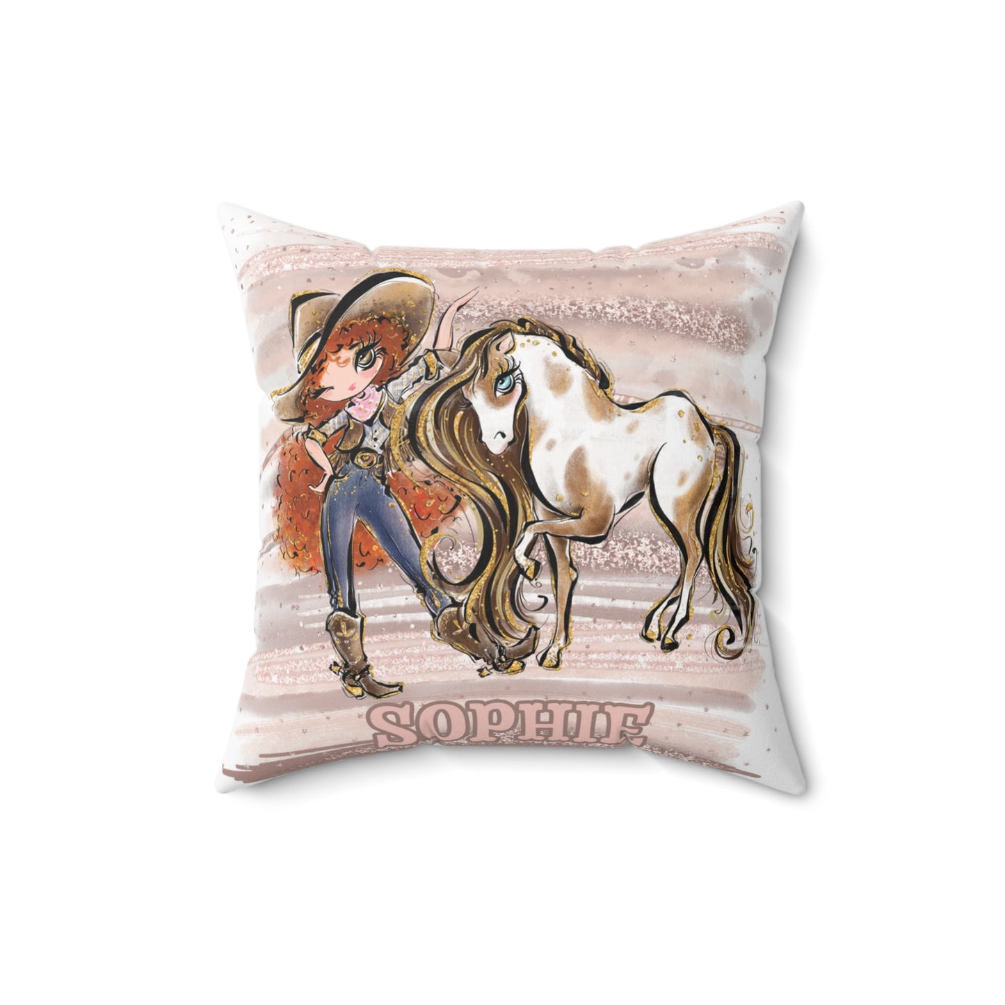 Personalised Cowgirl and Horse Cushion,  Red Curly Hair, Brown Eyes, Polyester Square Cushion, Christmas cushion