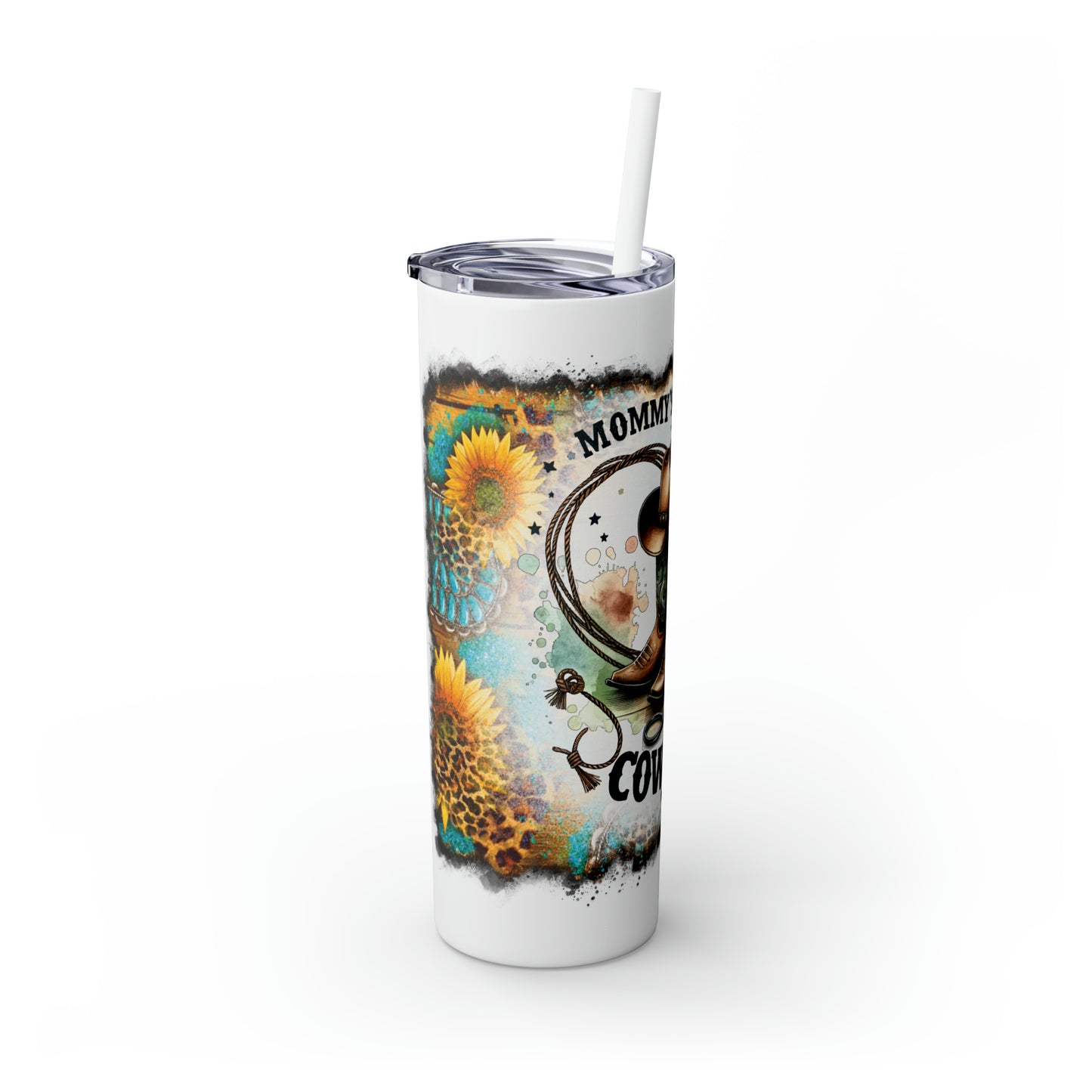 Skinny Tumbler with Straw, 20oz, Sunflowers, Western, Quote, Mommy's Little Cowboy