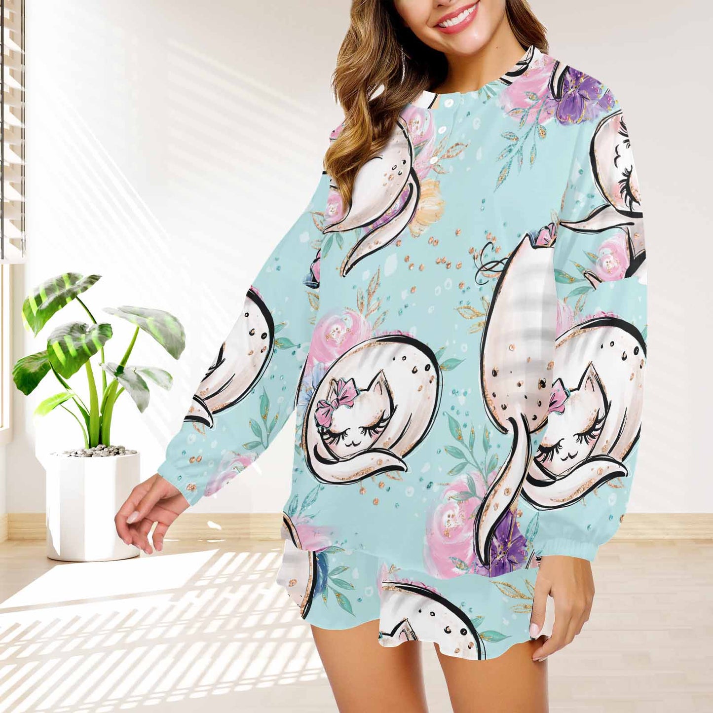 Blue Cats  Women's Long Sleeve Pajama Set with Shorts