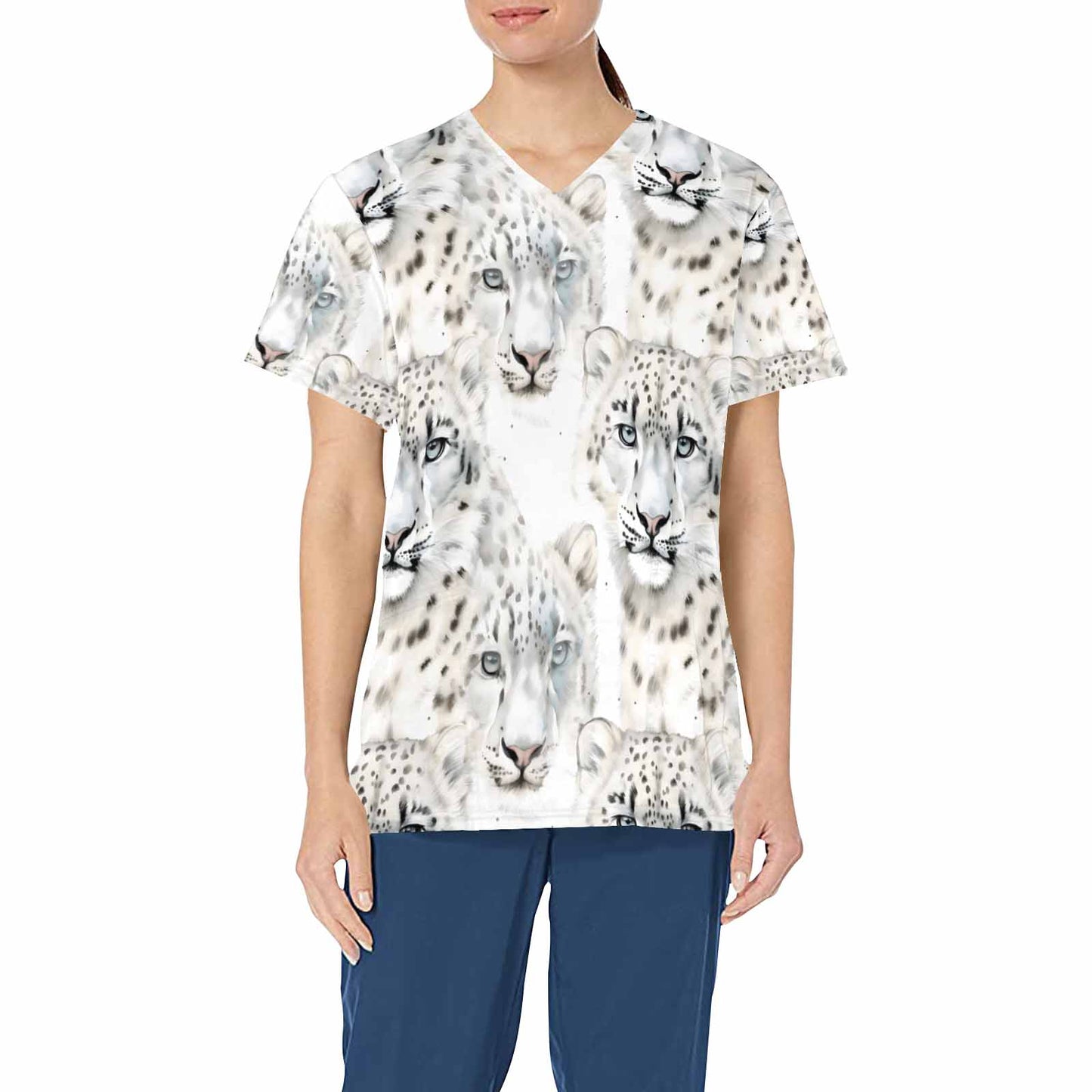 Snow Leopard  Women's V Neck Scrub Top Nurse Uniform with Deep Front Pockets