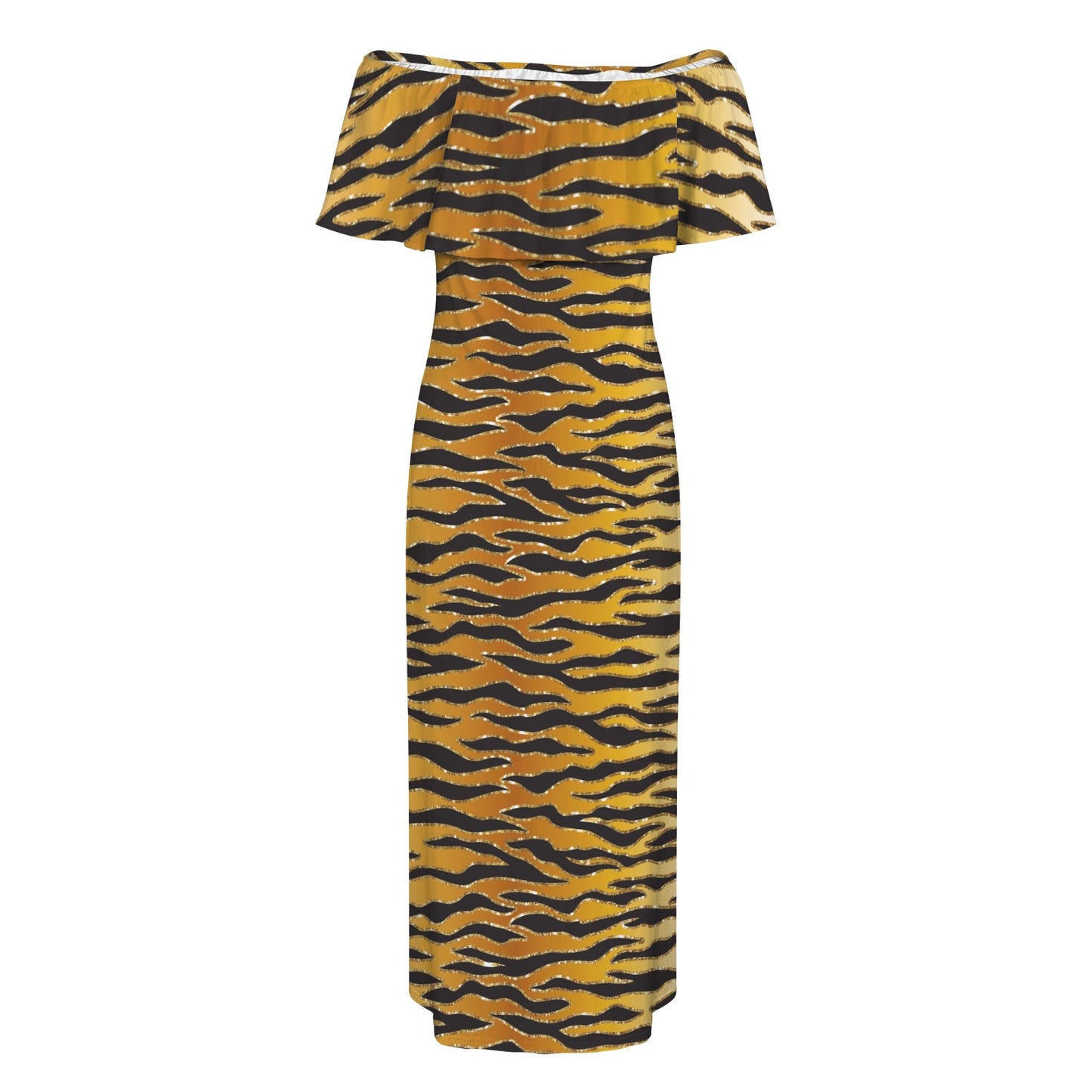 Glitter Look Gold Animal Print Women's Off Shoulder Ruffle Boat Neck Dress (Model D71)