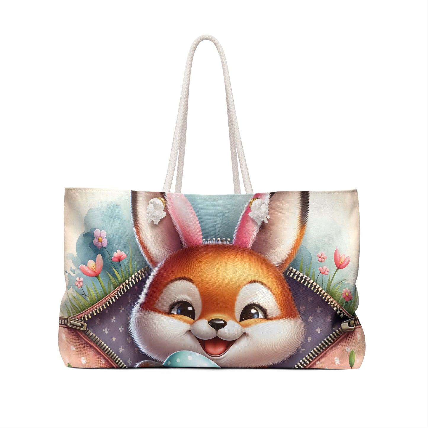 Personalised/Non-Personalised Weekender Bag, Easter, Cute Fox with Bunny Ears, Large Weekender Bag, Beach Bag, Book Bag