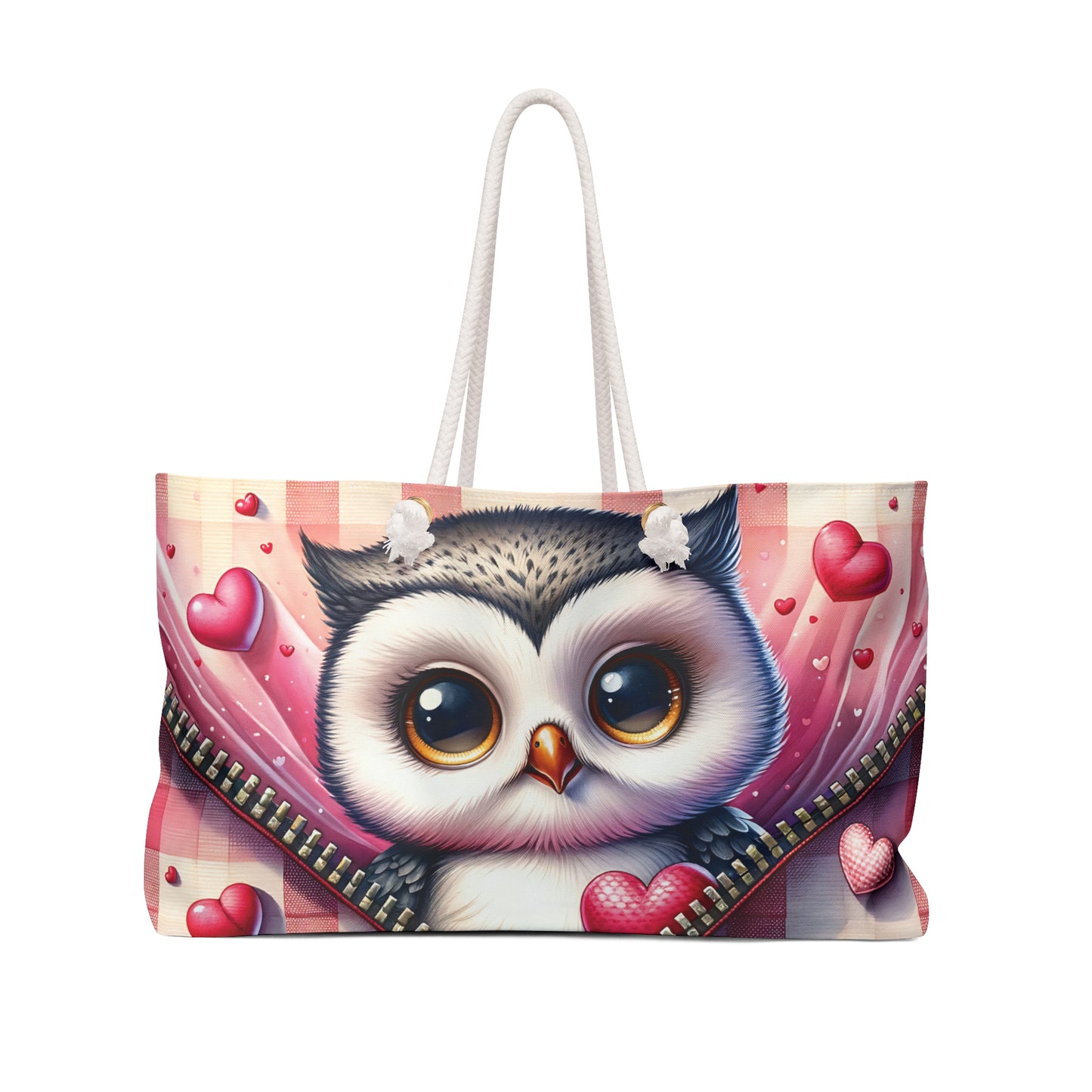 Personalised/Non-Personalised Weekender Bag, Cute Owl, Zipper, Valentines Day, Large Weekender Bag, Beach Bag, Book Bag