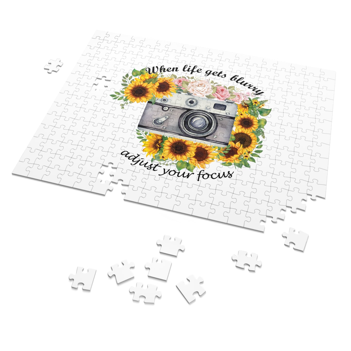 Jigsaw Puzzle, Sunflower, Camera, When life gets blurry adjust your focus, Personalised/Non-Personalised (30, 110, 252, 500,1000-Piece)