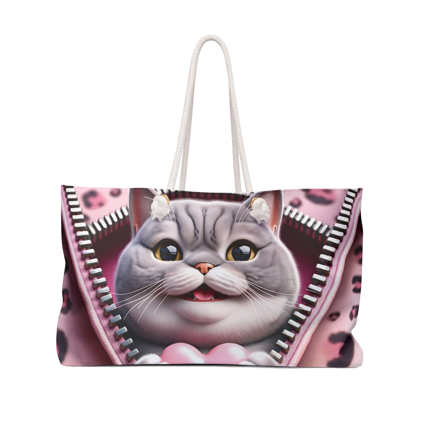 Personalised/Non-Personalised Weekender Bag, Cute Cat, Zipper, Valentines Day, Large Weekender Bag, Beach Bag, Book Bag