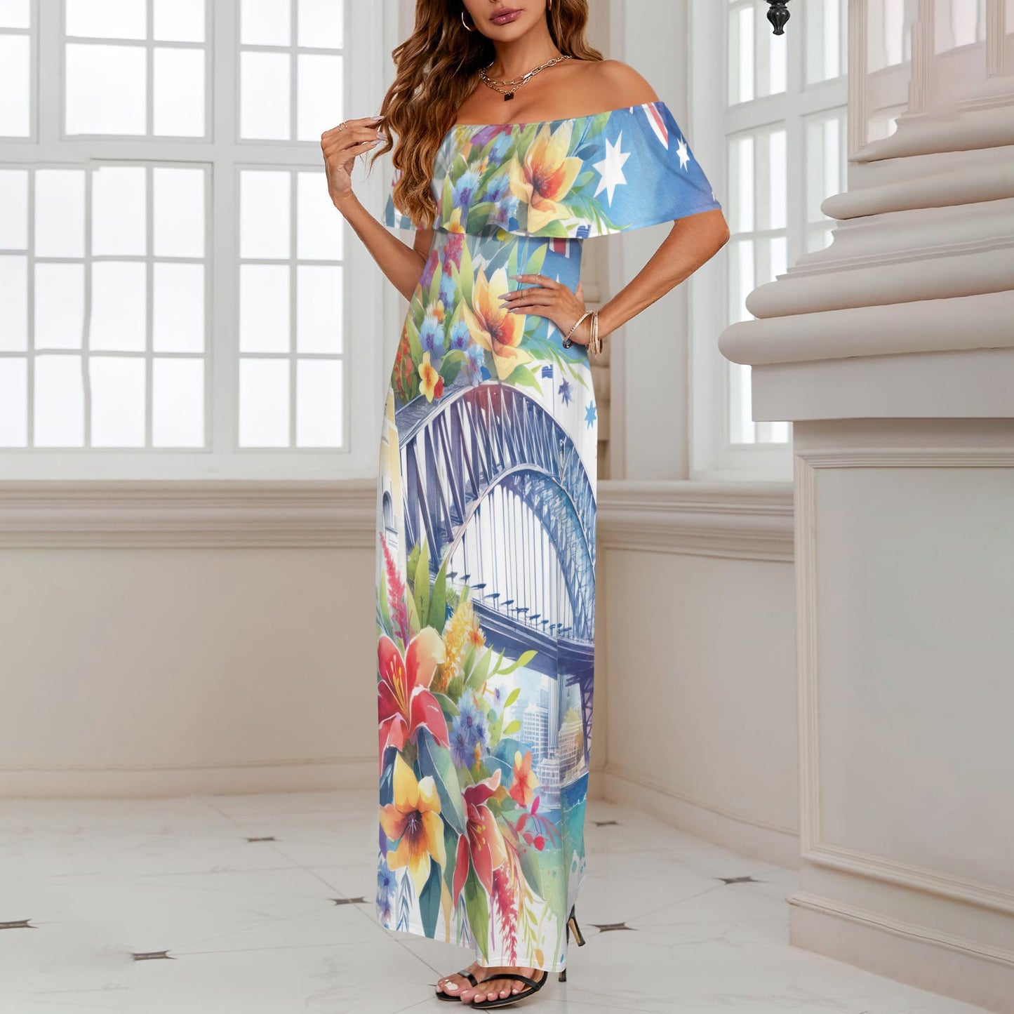 Australia Sydney Harbour Bridge awd1315 Women's Off Shoulder Ruffle Boat Neck Dress (Model D71)