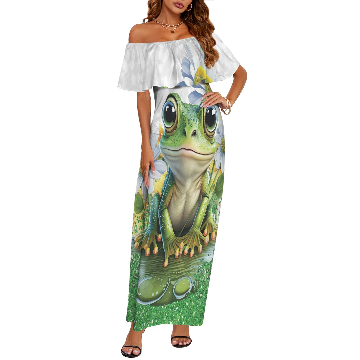 Just a girl who loves frogs awd1354 Women's Off Shoulder Ruffle Boat Neck Dress (Model D71)