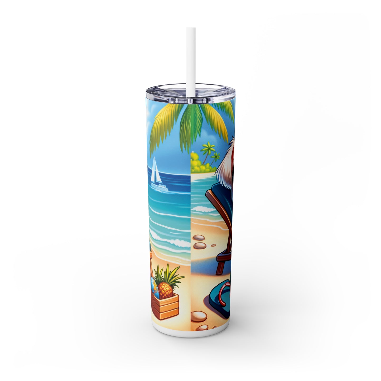 Skinny Tumbler with Straw, 20oz, Dog on Beach, Maltese, awd-1222