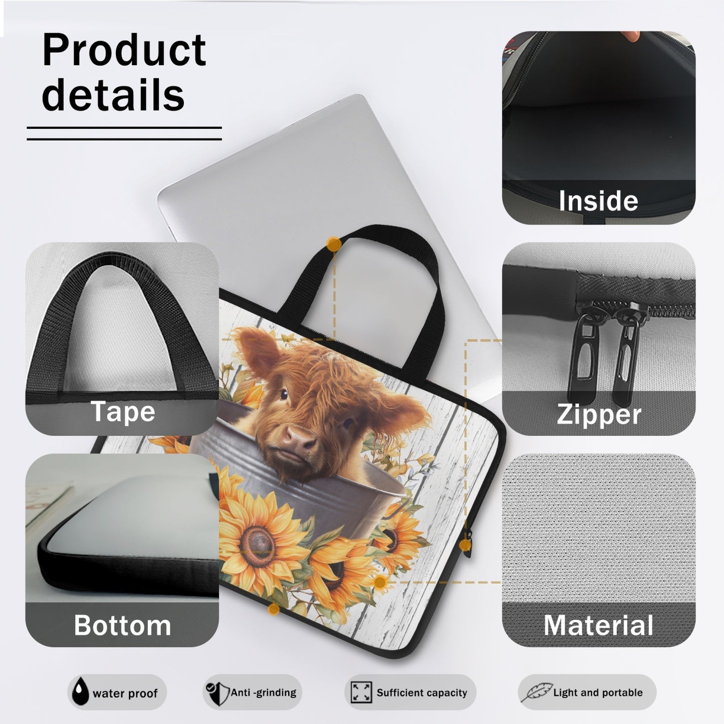 Laptop Sleeve with handles - Highland Cow