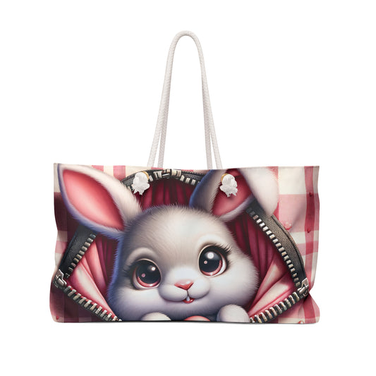 Personalised/Non-Personalised Weekender Bag, Cute Rabbit, Zipper, Valentines Day, Large Weekender Bag, Beach Bag, Book Bag