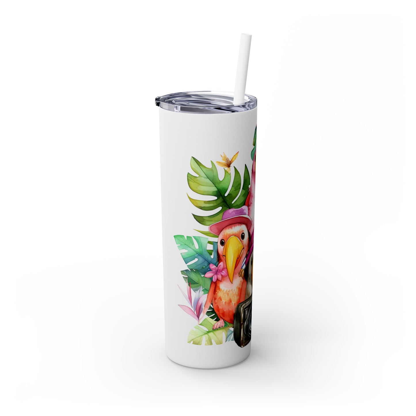 Skinny Tumbler with Straw, 20oz, Tropical Birds