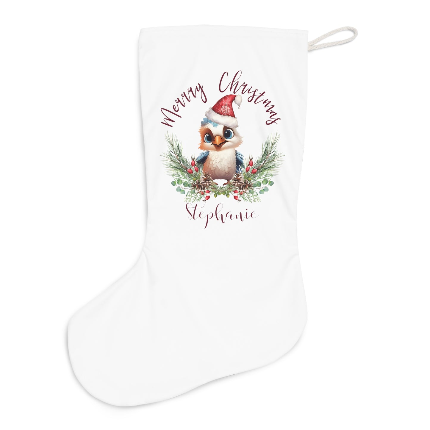 Personalised Santa Stocking, Australian Animals Poinsettia, Kookaburra