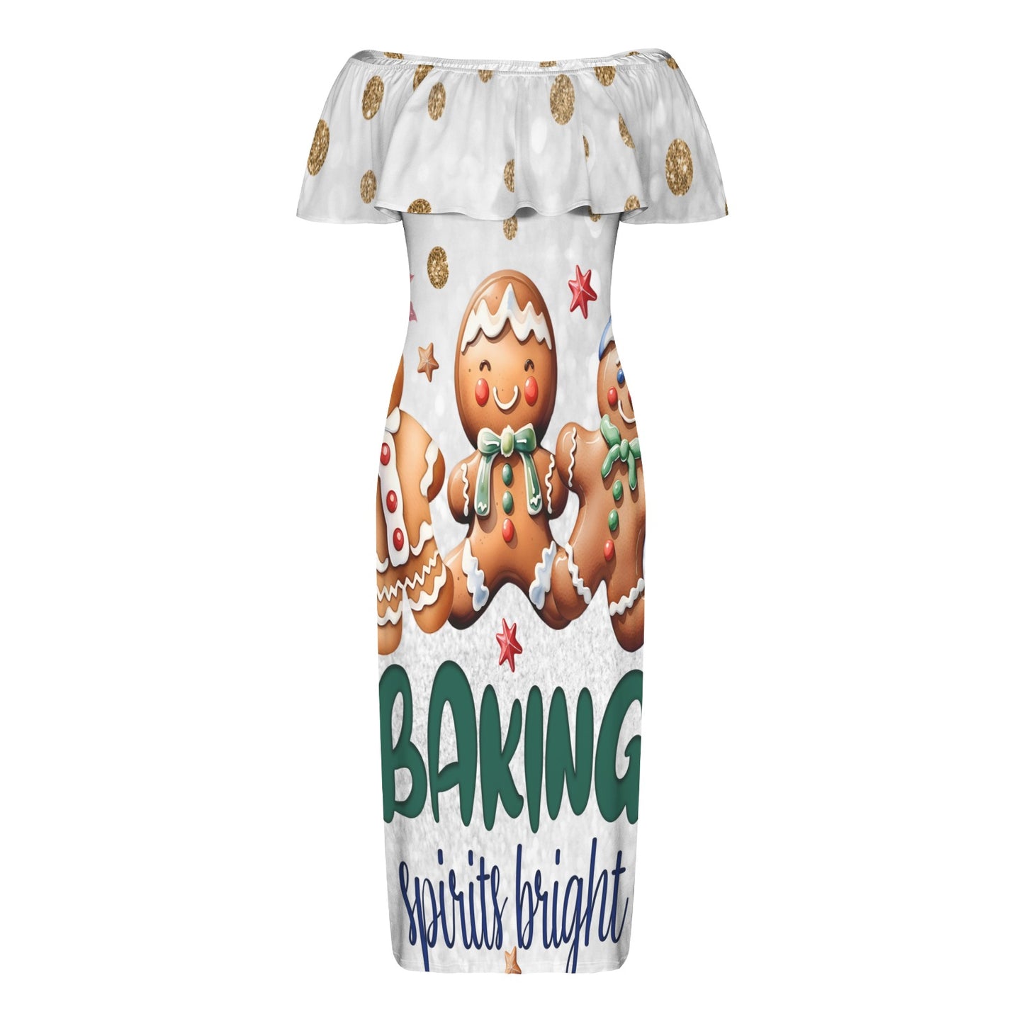 Baking Spirits Bright Gingerbread man awd315 Women's Off Shoulder Ruffle Boat Neck Dress (Model D71)