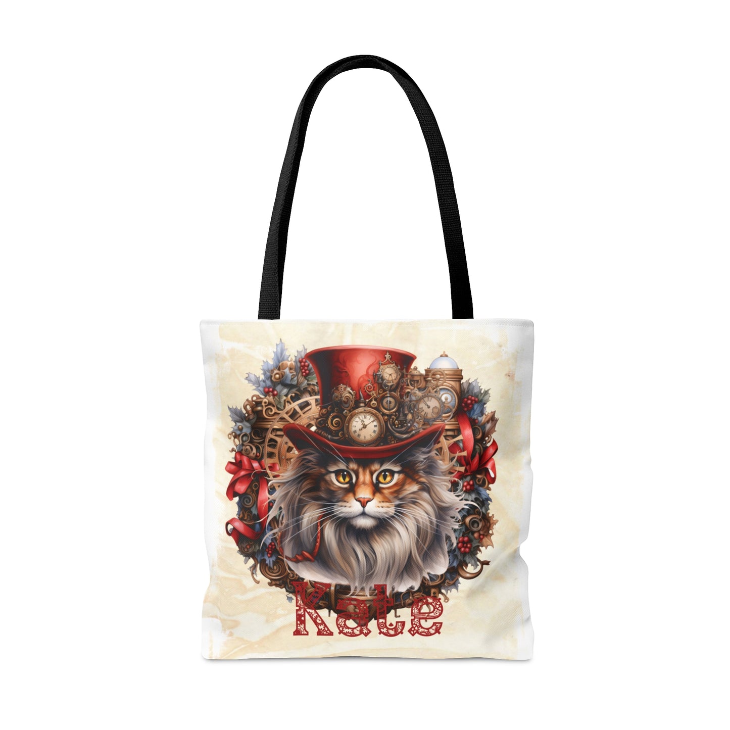 Steampunk Cat wreath Personalised Tote Bag, Steampunk Christmas bag, Christmas Tote Bag, Personalised/Non-Personalised