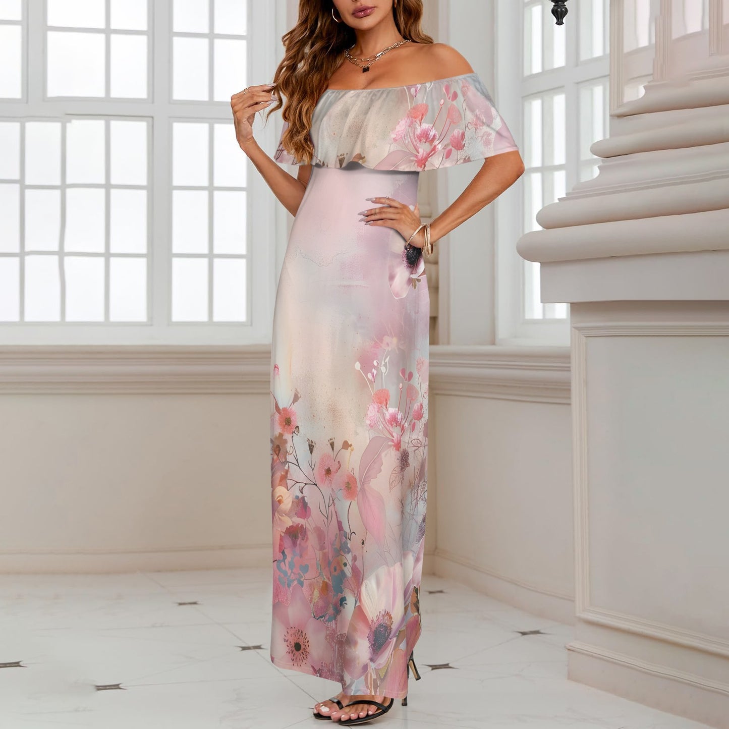 Maddison Women's Off Shoulder Ruffle Boat Neck Dress (Model D71)