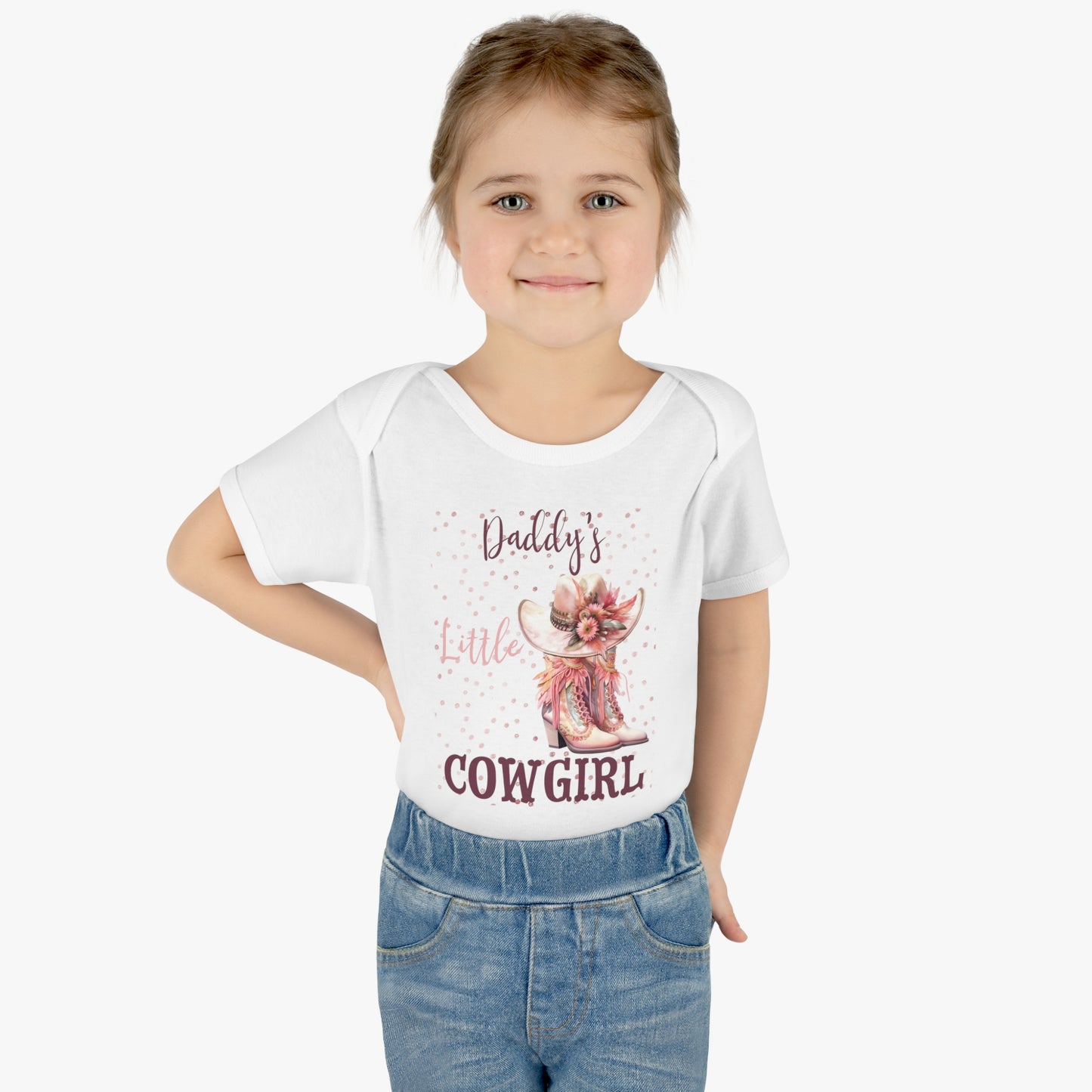 Infant Baby Rib Bodysuit, Daddy's Little Cowgirl baby Bodysuit, Pink Diamonds, Pink Cowboy Boots