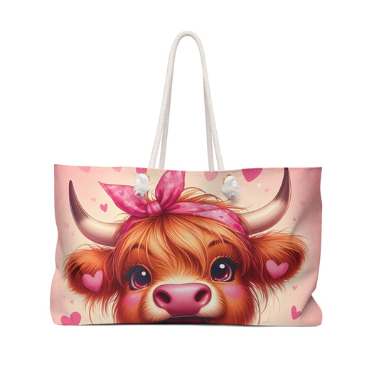 Personalised/Non-Personalised Weekender Bag, Highland Cow, Large Weekender Bag, Beach Bag, Book Bag