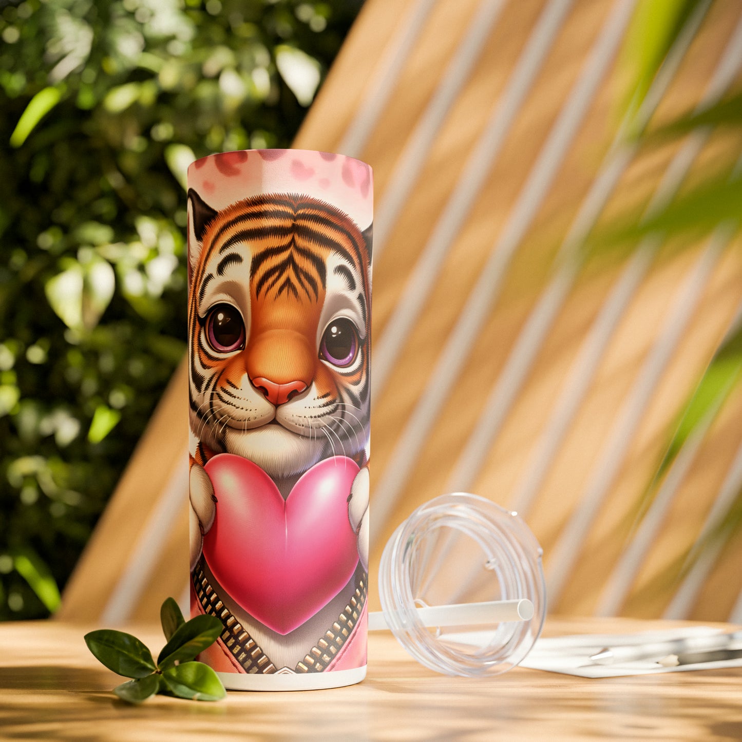 Skinny Tumbler with Straw, 20oz, Tiger, Valentines Day