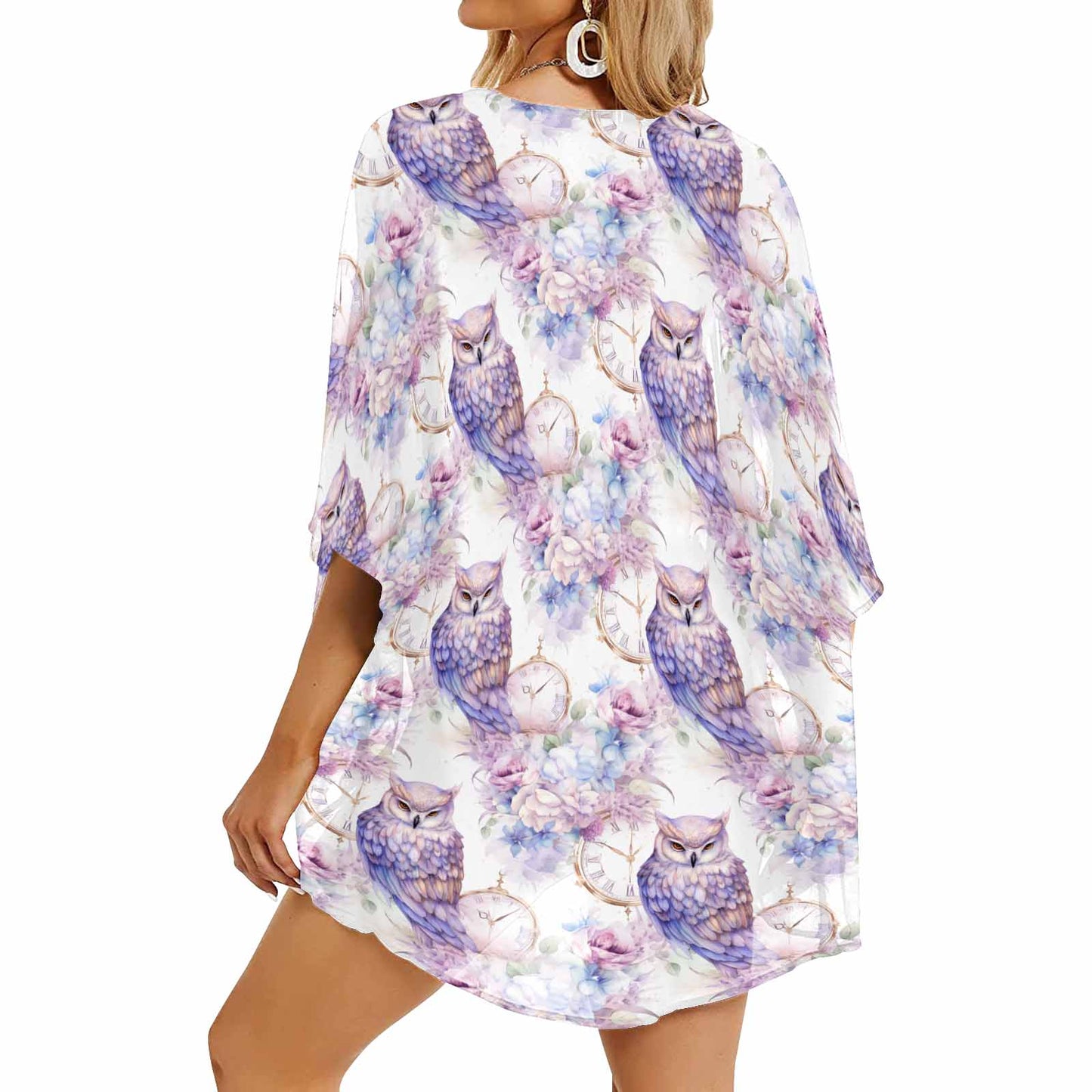 Pastel Owls Women's Kimono Chiffon Cover Up