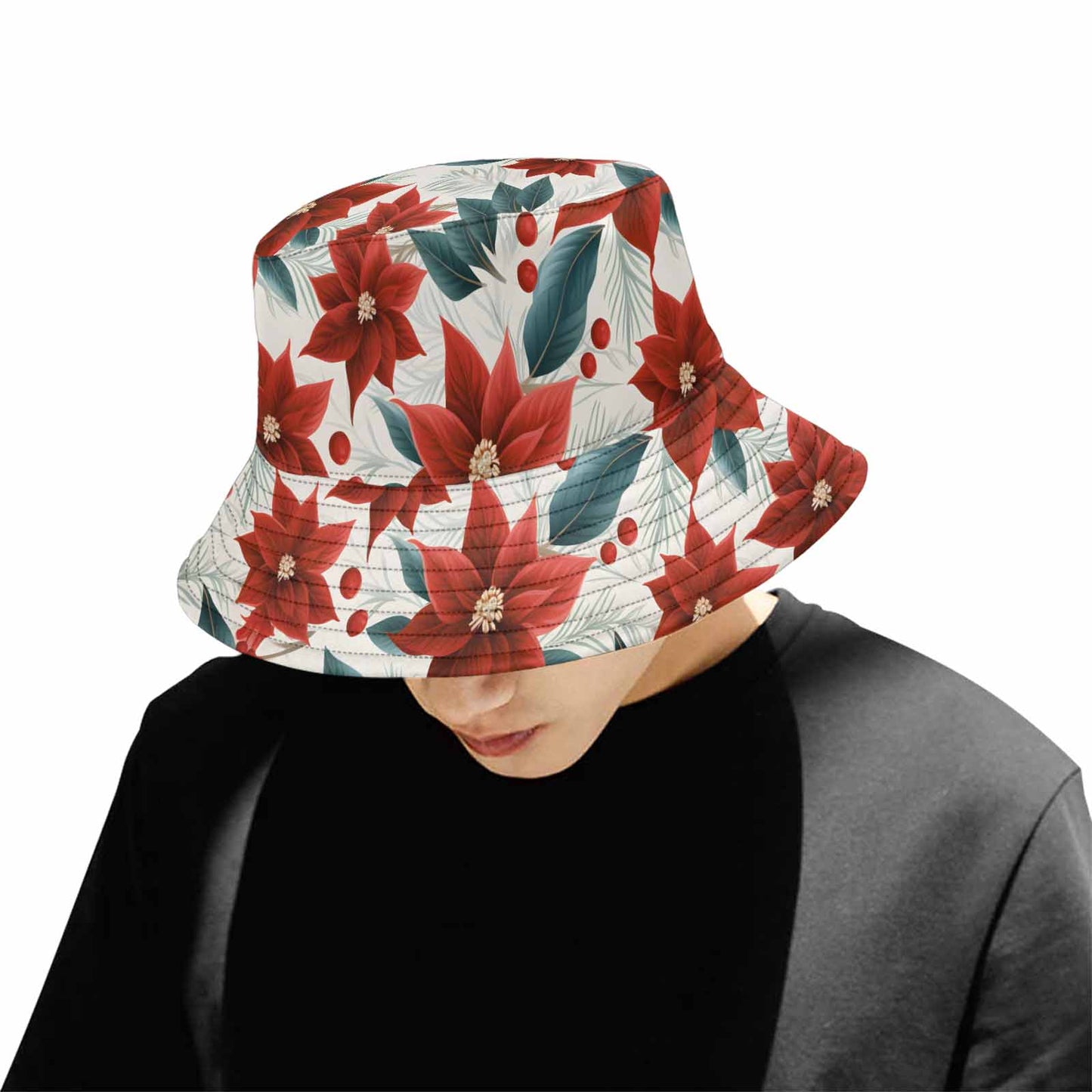 Christmas Red Poinsettia  Unisex Summer Single-Layer Bucket Hat