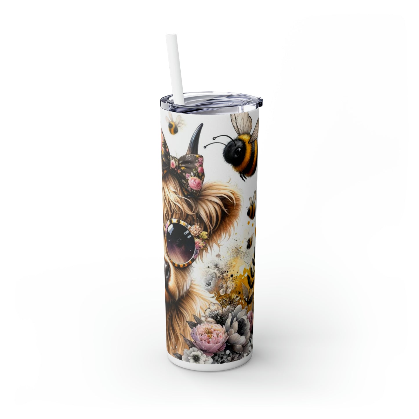 Skinny Tumbler with Straw, 20oz, Highland Cow, Sunflowers, Bees, awd-701