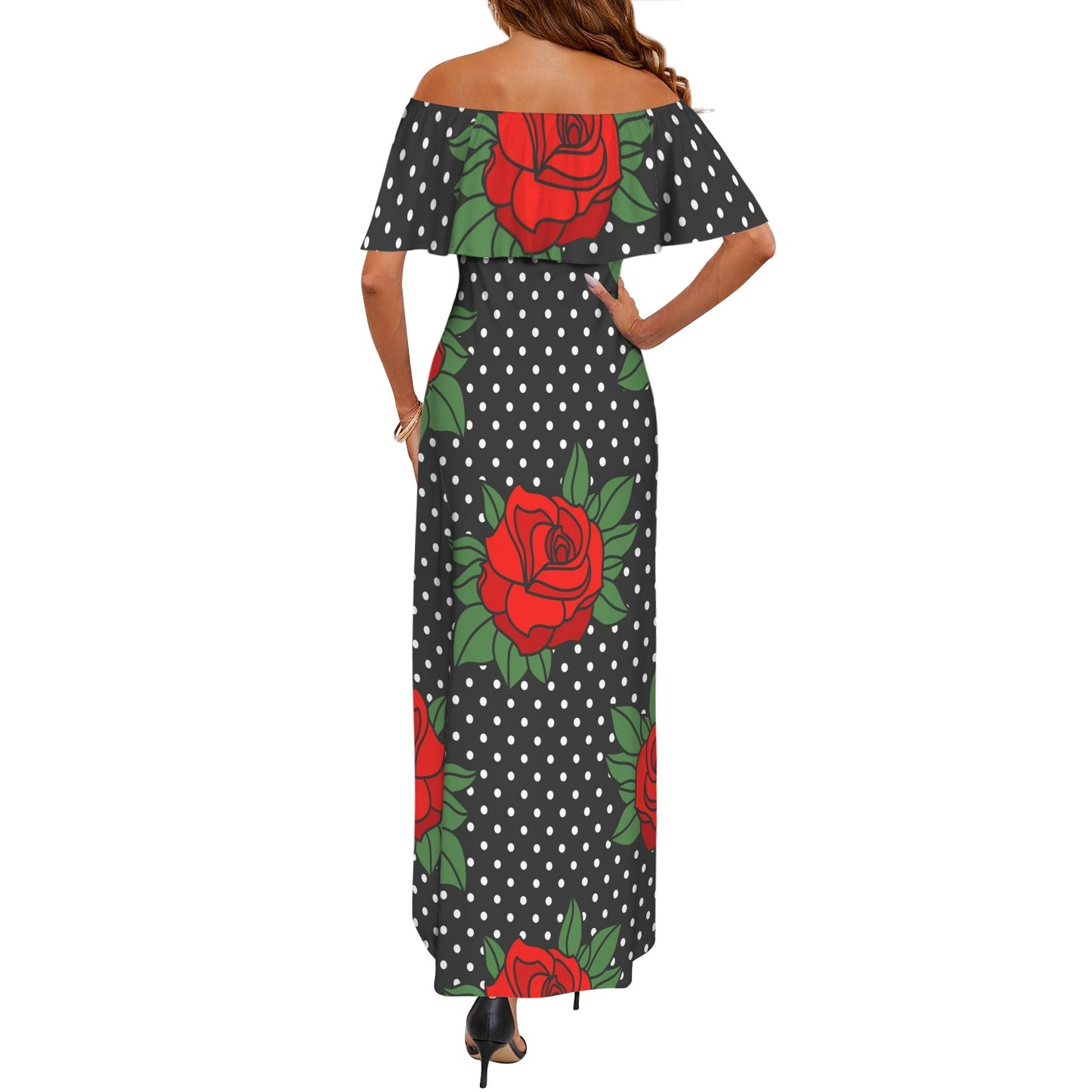 Rockabilly Roses Red Black White Women's Off Shoulder Ruffle Boat Neck Dress (Model D71)