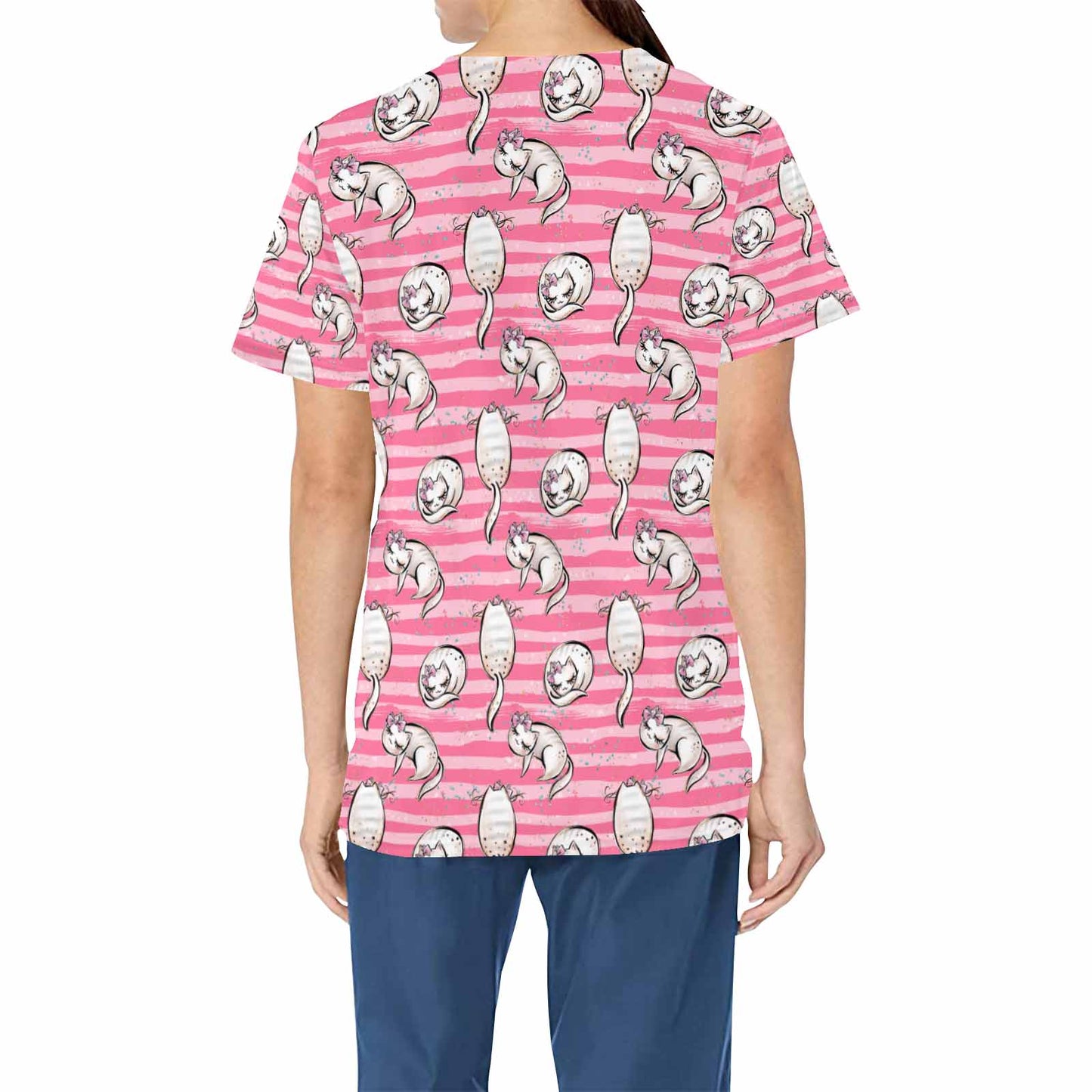 Pink Cats  Women's V Neck Scrub Top Nurse Uniform with Deep Front Pockets