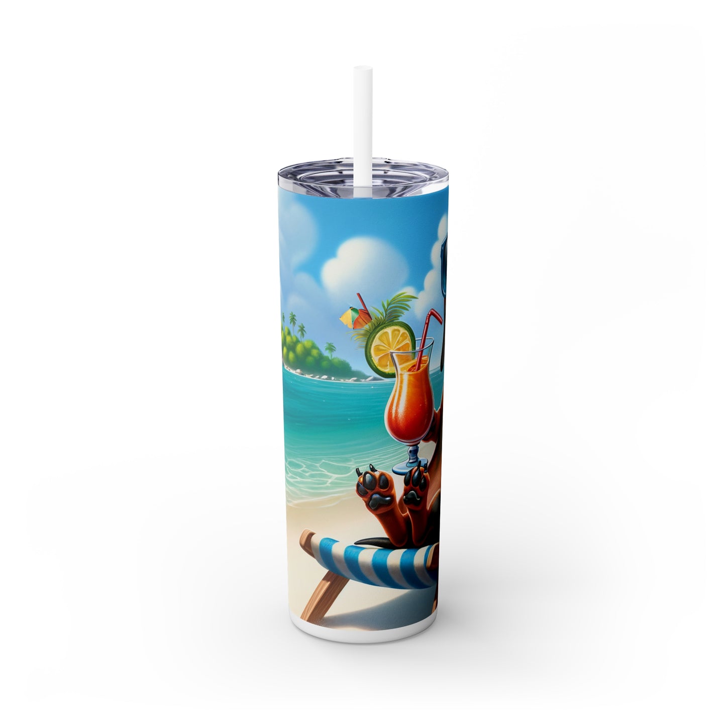 Skinny Tumbler with Straw, 20oz, Dog on Beach, Dachshund, awd-1208