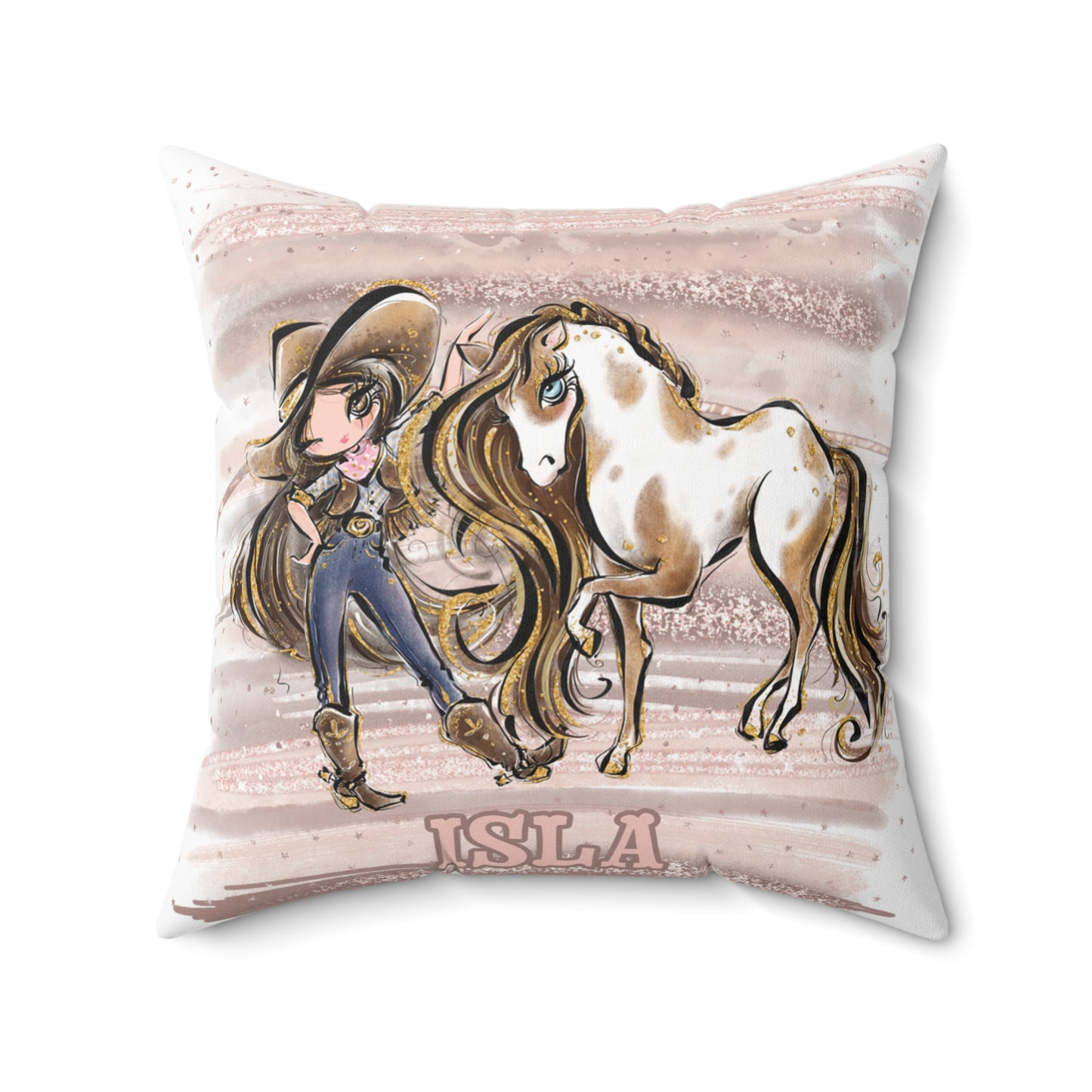 Personalised Cowgirl and Horse Cushion,  Brown Hair, Brown Eyes, Polyester Square Cushion, Christmas cushion