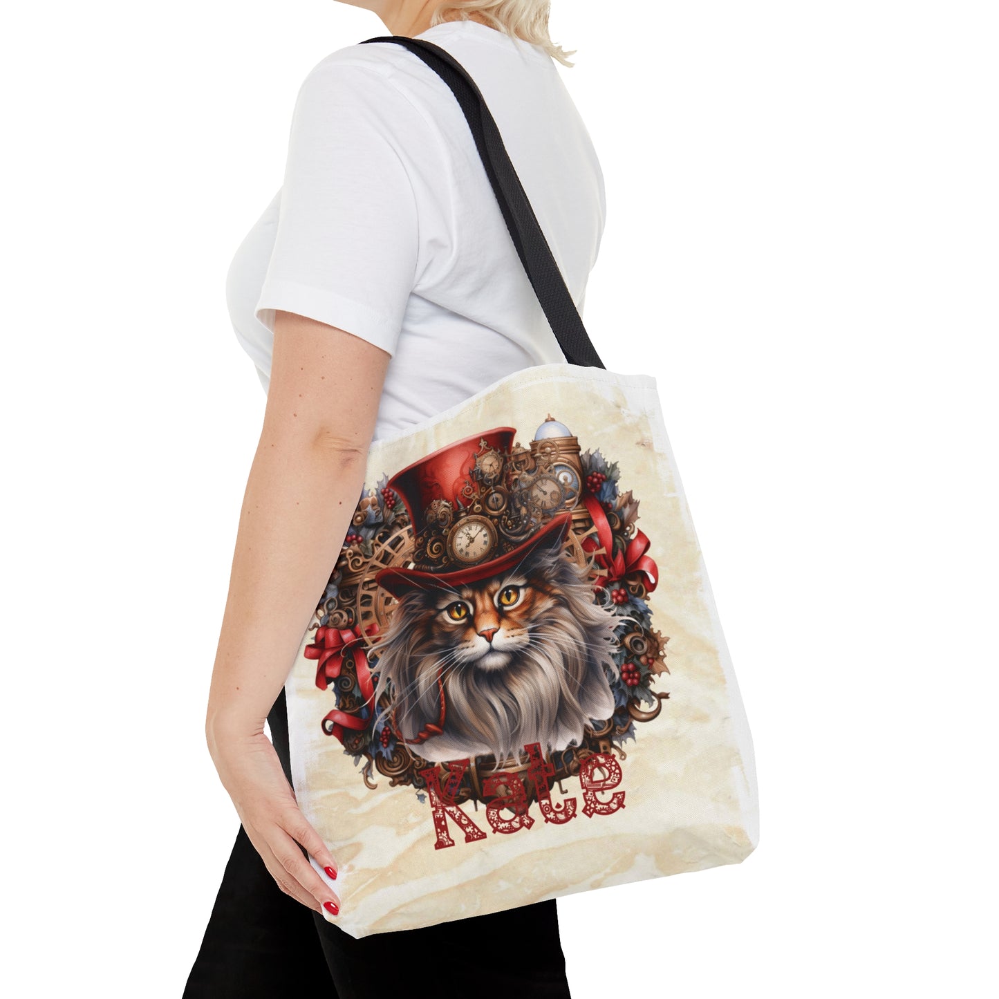 Steampunk Cat wreath Personalised Tote Bag, Steampunk Christmas bag, Christmas Tote Bag, Personalised/Non-Personalised