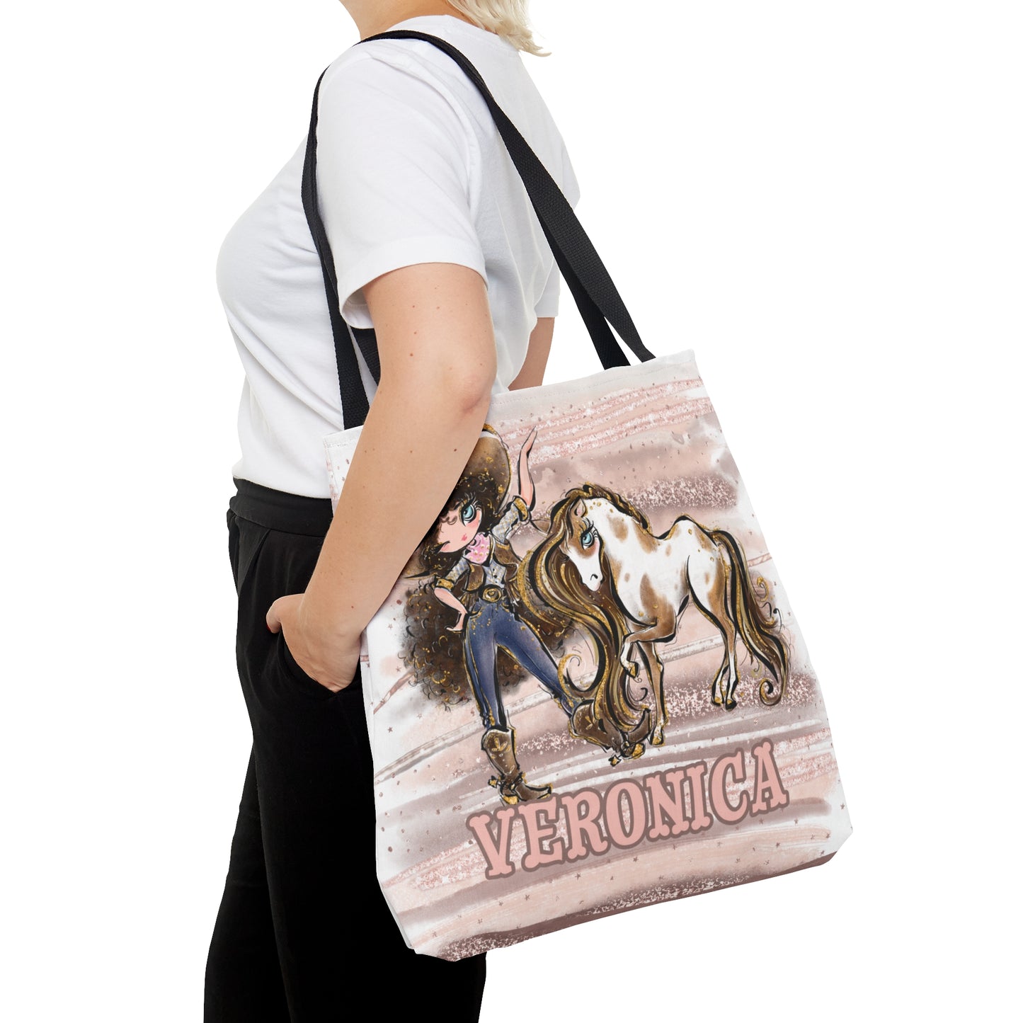 Personalised Tote Bag, Cowgirl & Horse, Brown Curly Hair, Blue Eyes, Tote bag