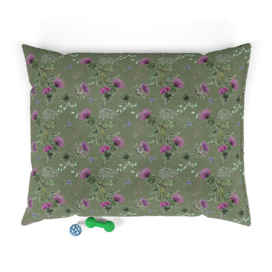 Luxury Pet Bed, feather soft fleece, Dark Green, Scottish Flowers