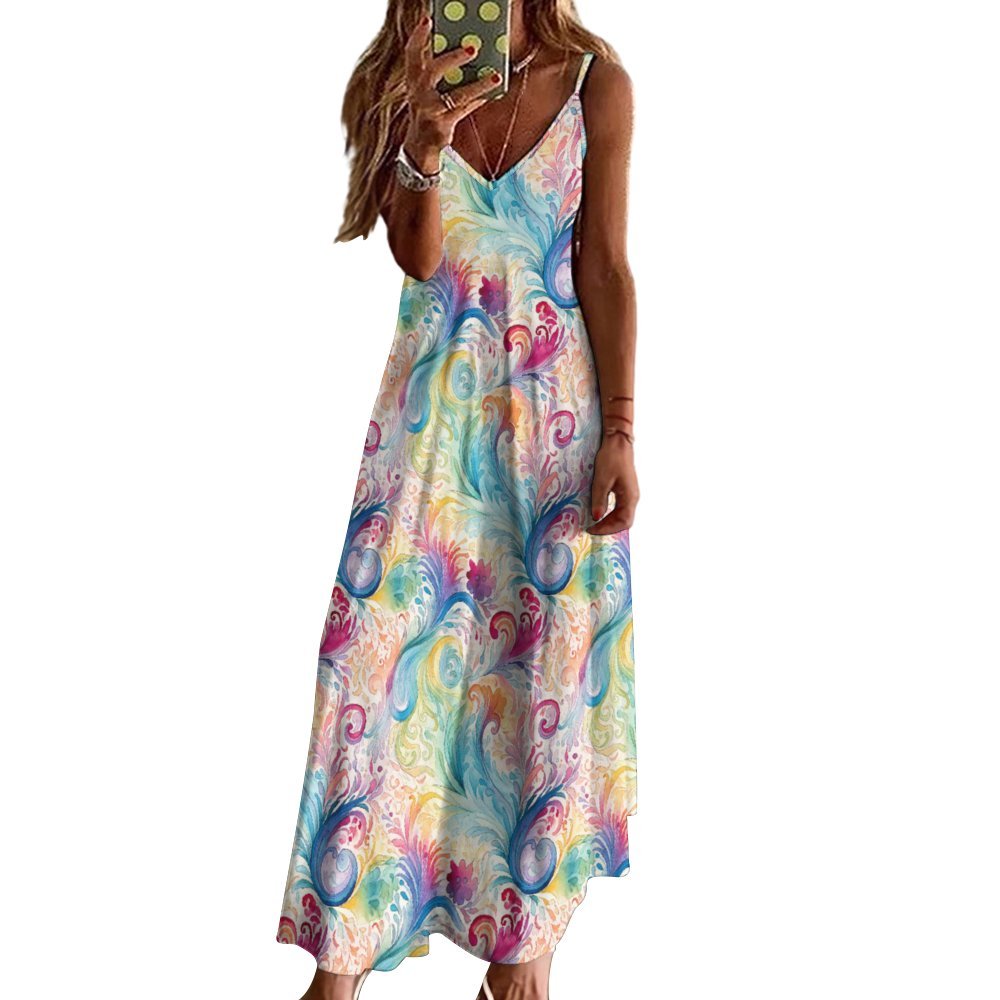 Pastel Rainbow Paisley Spaghetti Strap Ankle-Length Dress Long dress