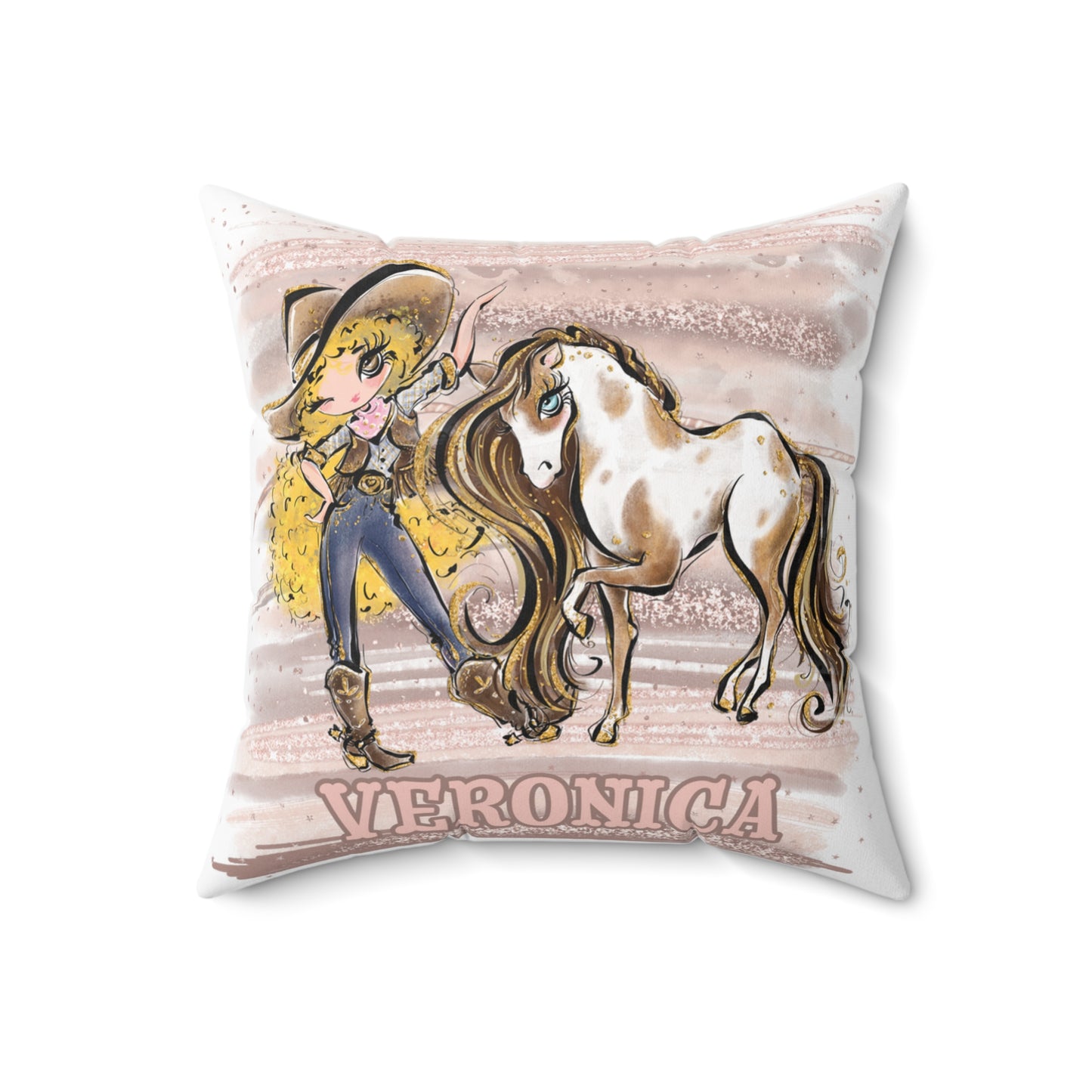 Personalised Cowgirl and Horse Cushion,  Blonde Curly Hair, Brown Eyes, Polyester Square Cushion, Christmas cushion