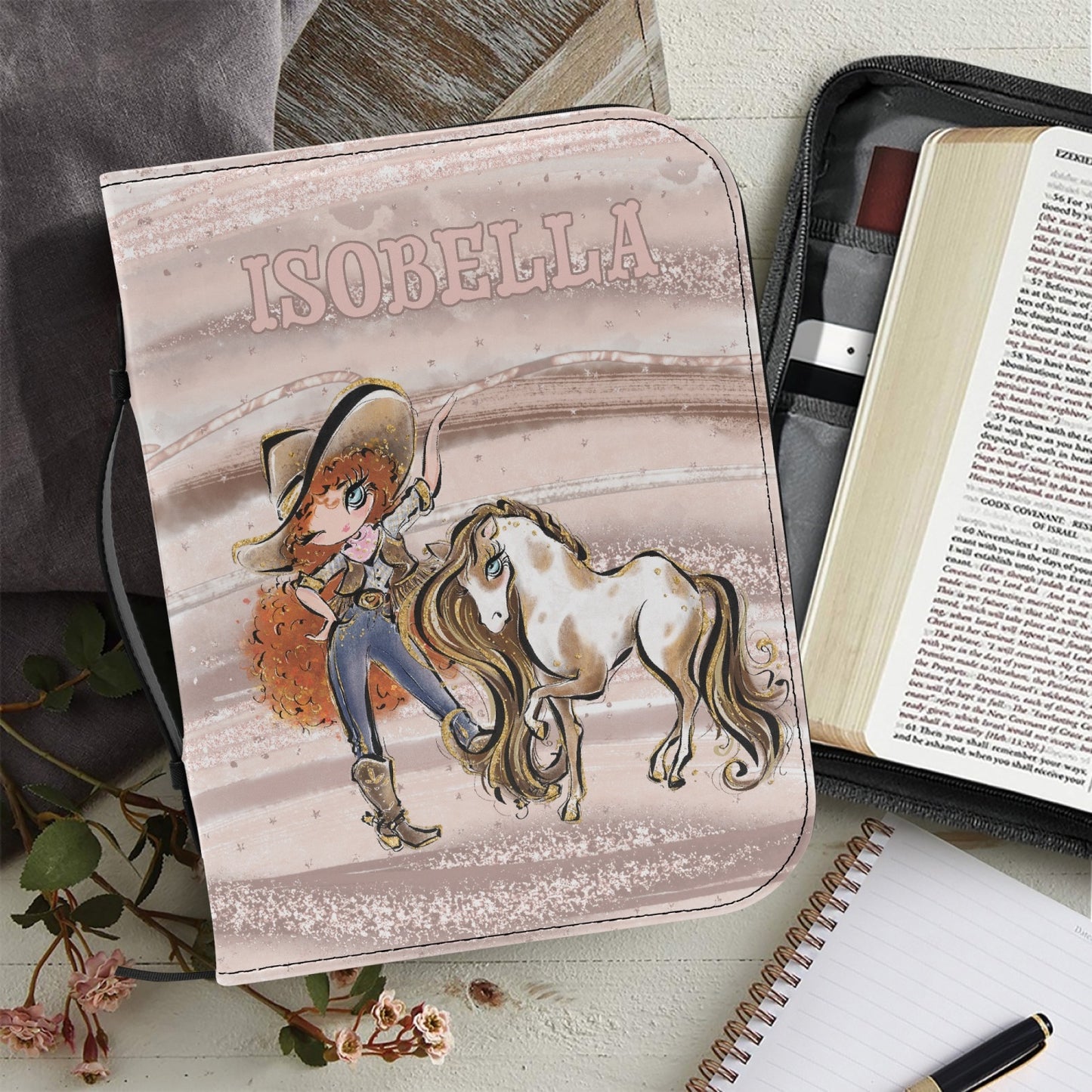 Book/Bible Cover, Howdy, Cowgirl and Horse, Red Curly Hair, Blue Eyes