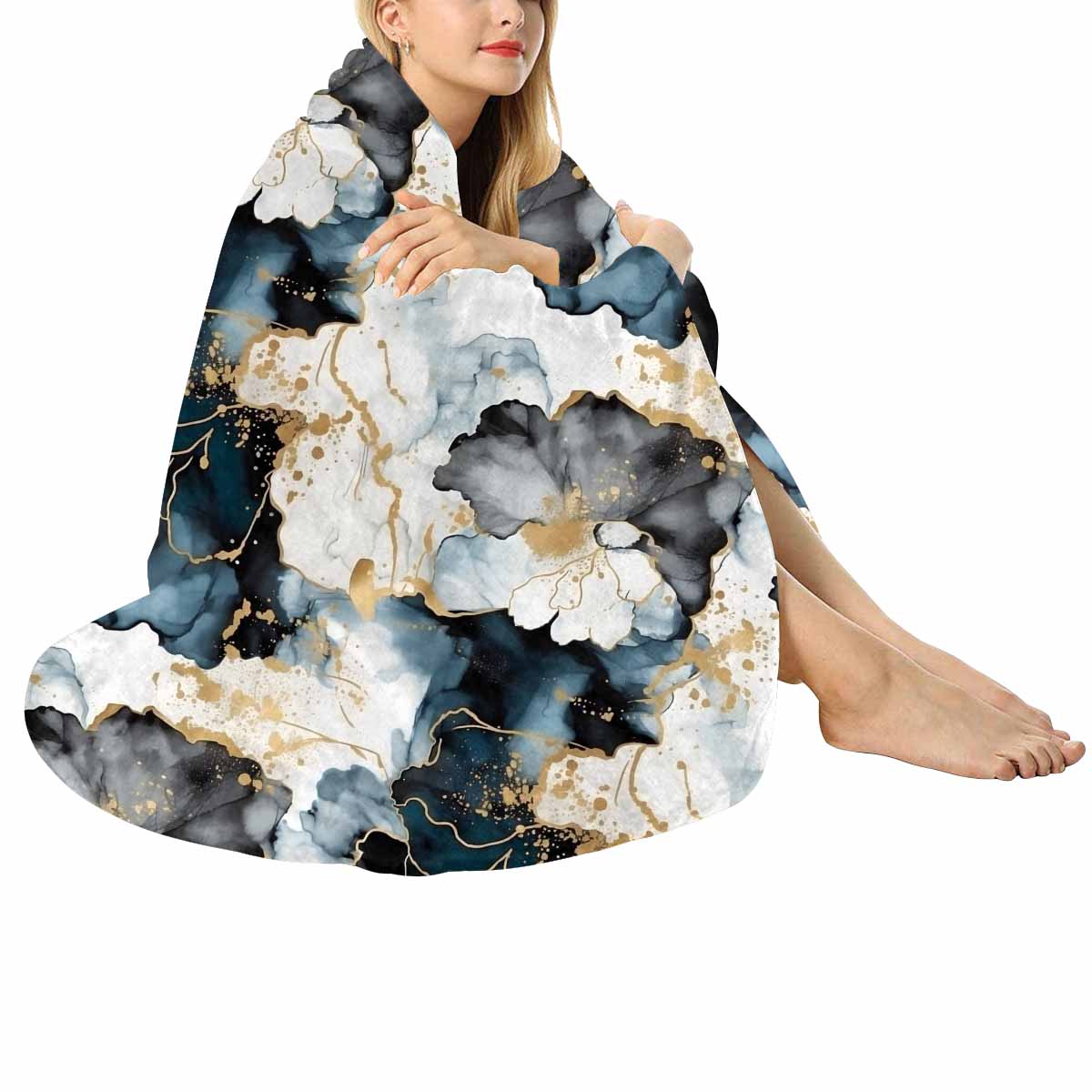 Black Ink Floral  Circular Micro Fleece Blanket 47"