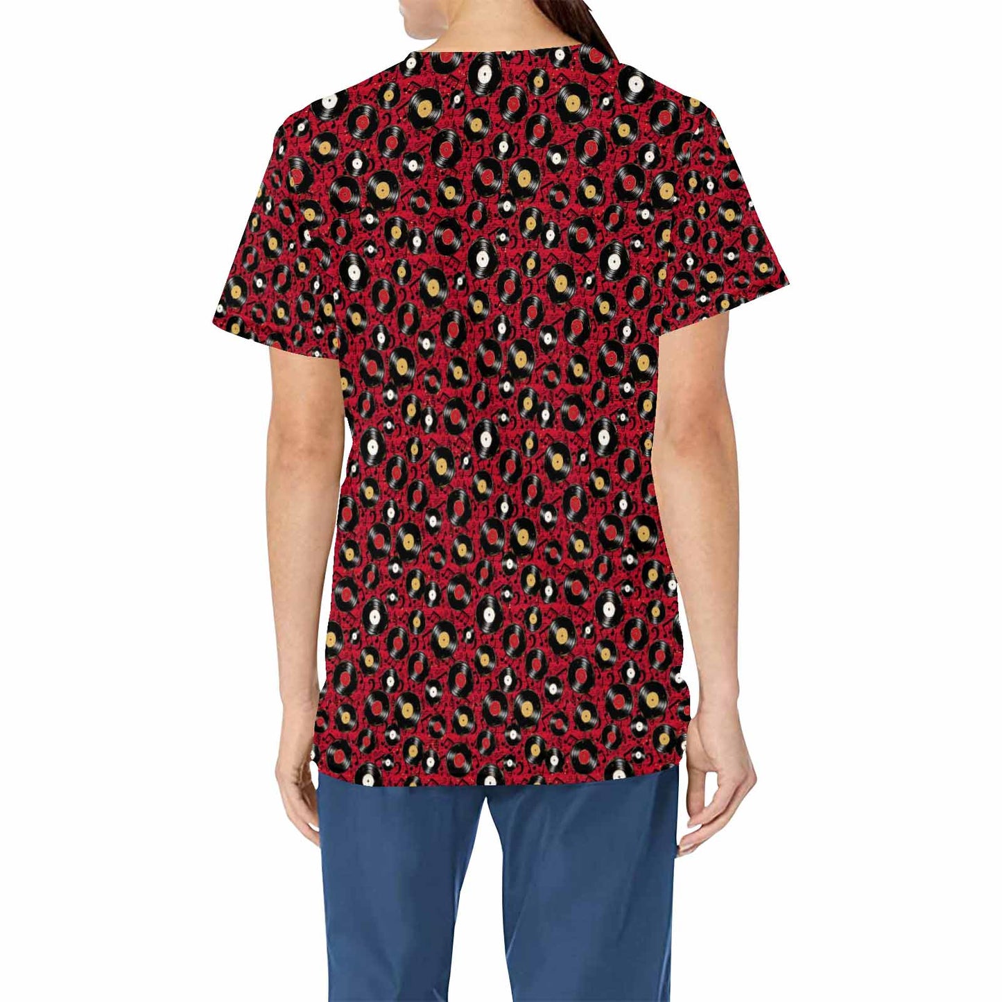 Red Music Records  Women's V Neck Scrub Top Nurse Uniform with Deep Front Pockets