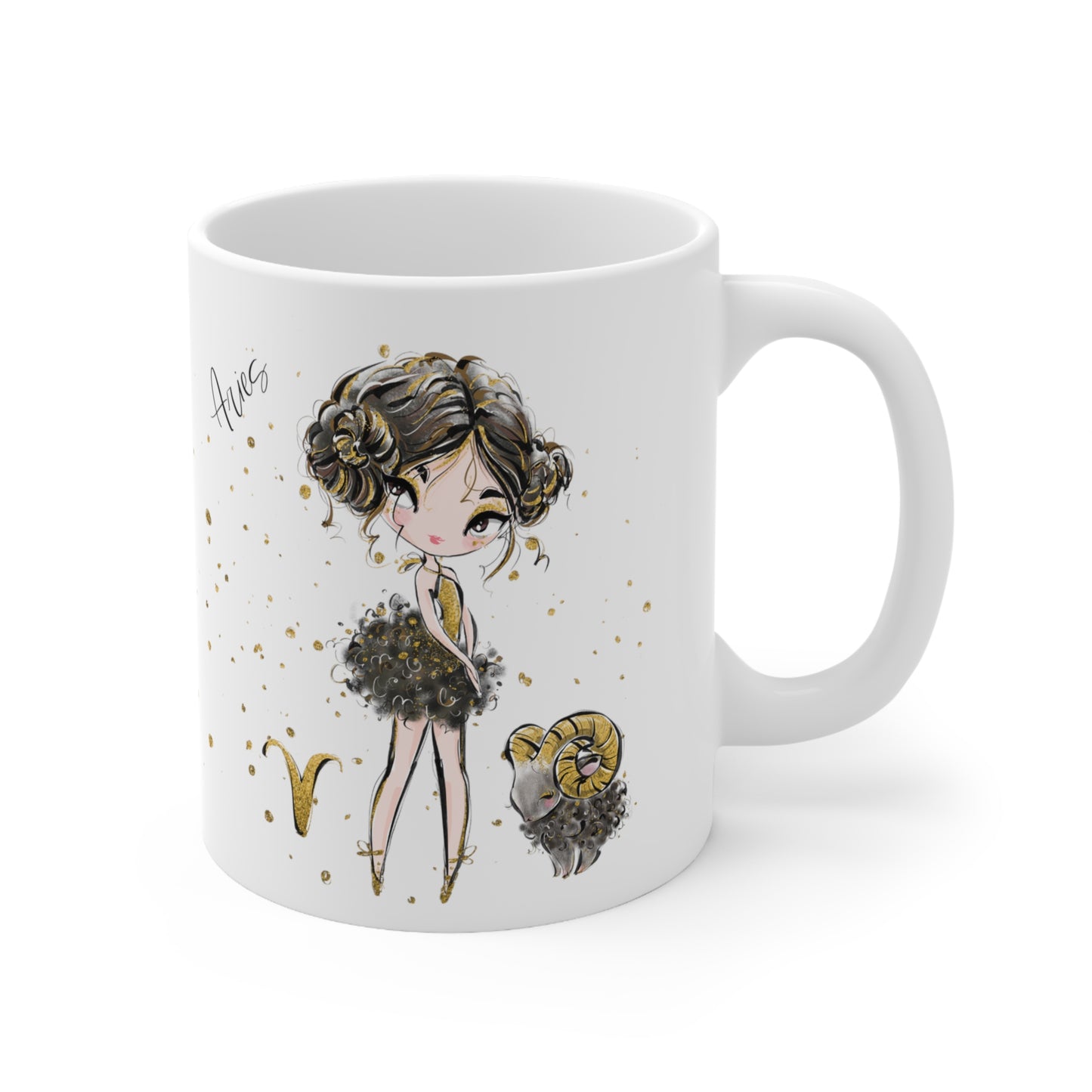 Personalised/Non Personalised Zodiac Sign, Aries, Ceramic Mug 11oz - Brunette Hair - Brown Eyes