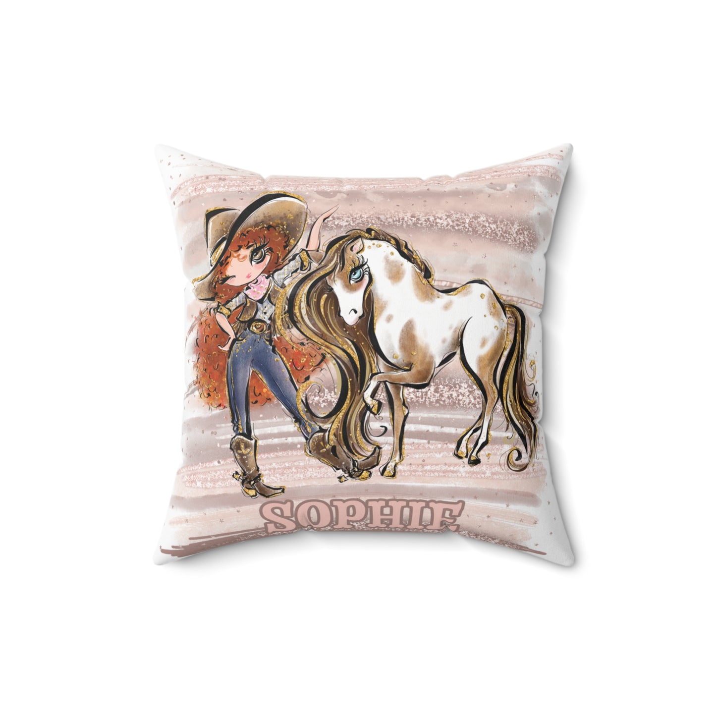 Personalised Cowgirl and Horse Cushion,  Red Curly Hair, Brown Eyes, Polyester Square Cushion, Christmas cushion