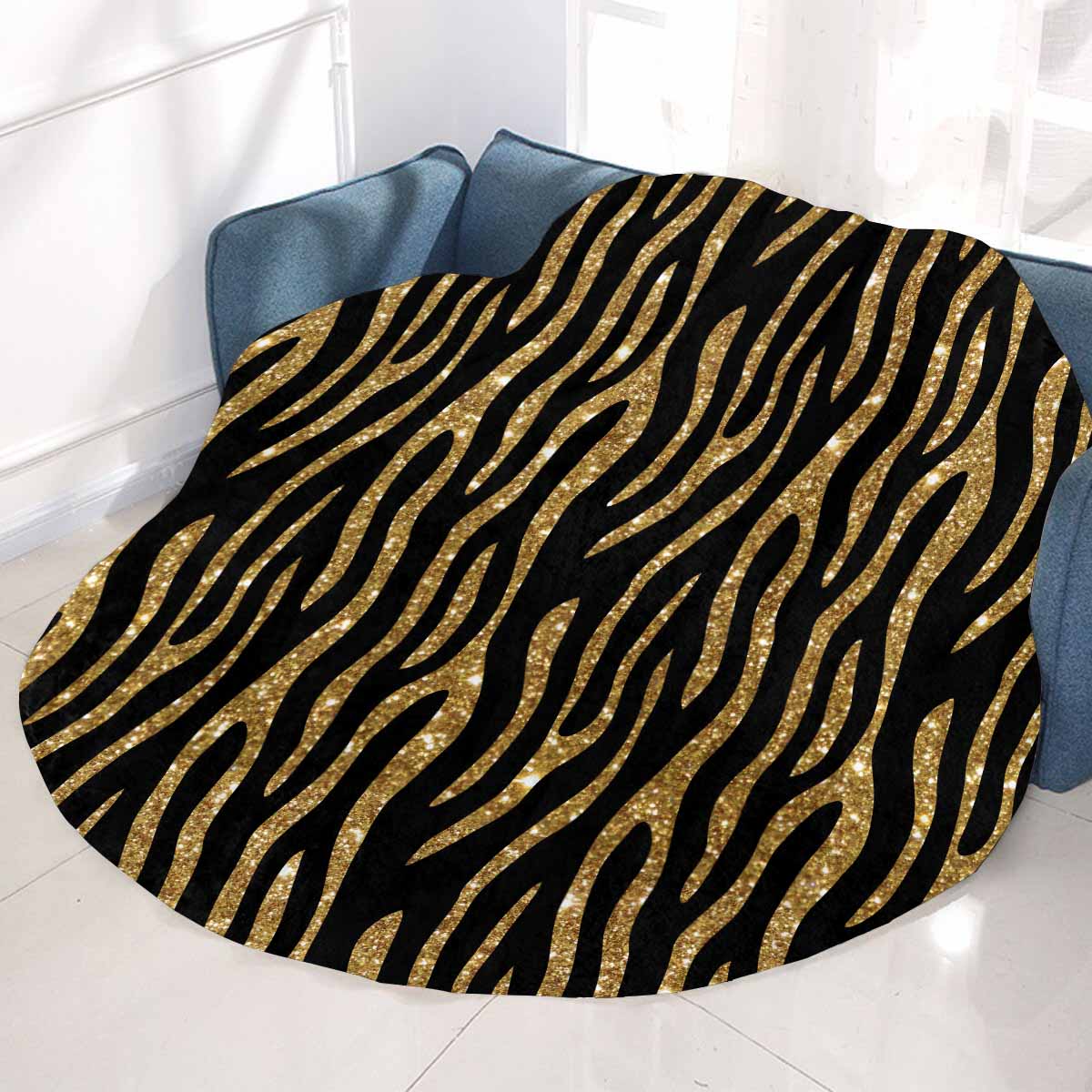 Black and Gold Glitter Leopard Print  Circular Micro Fleece Blanket 47"