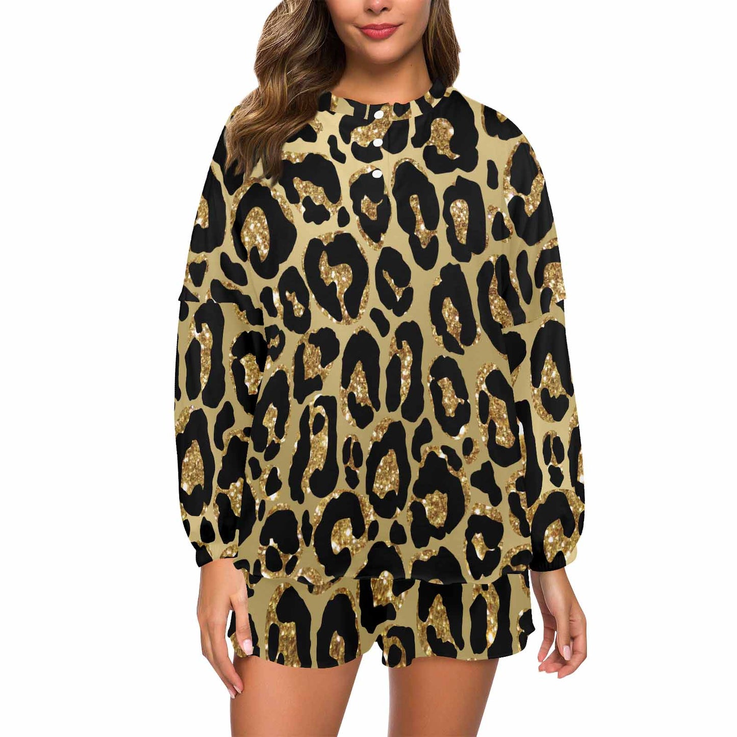 Animal print 4  Women's Long Sleeve Pajama Set with Shorts