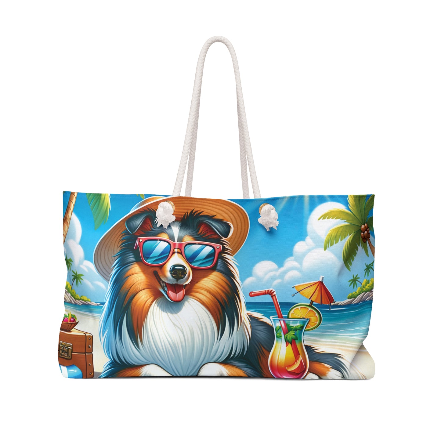 Personalised/Non-Personalised Weekender Bag, Summer Beach Dog, Sheltie, Large Weekender Bag, Beach Bag, Book Bag